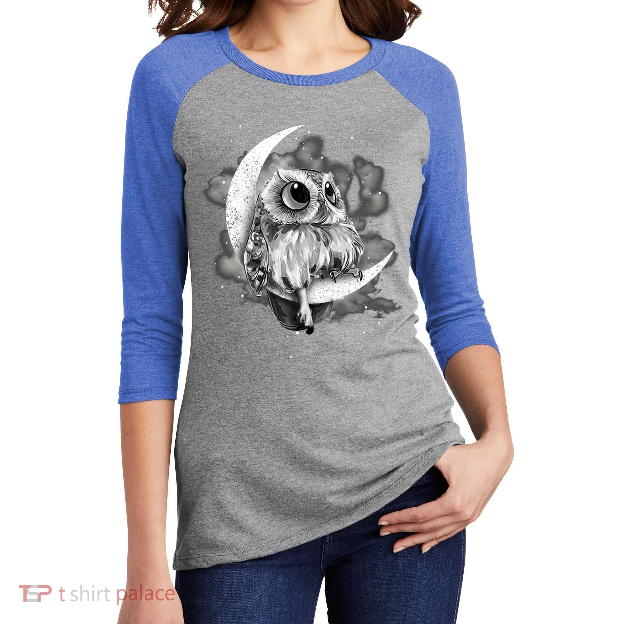 Owl Sitting On The Moon Gift Women's Tri-Blend 3/4-Sleeve Raglan Shirt