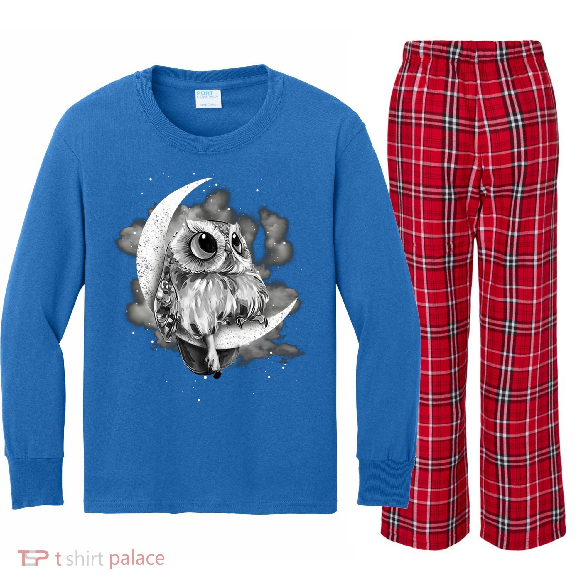 Owl Sitting On The Moon Gift Kids Long Sleeve Plaid Pajama Set