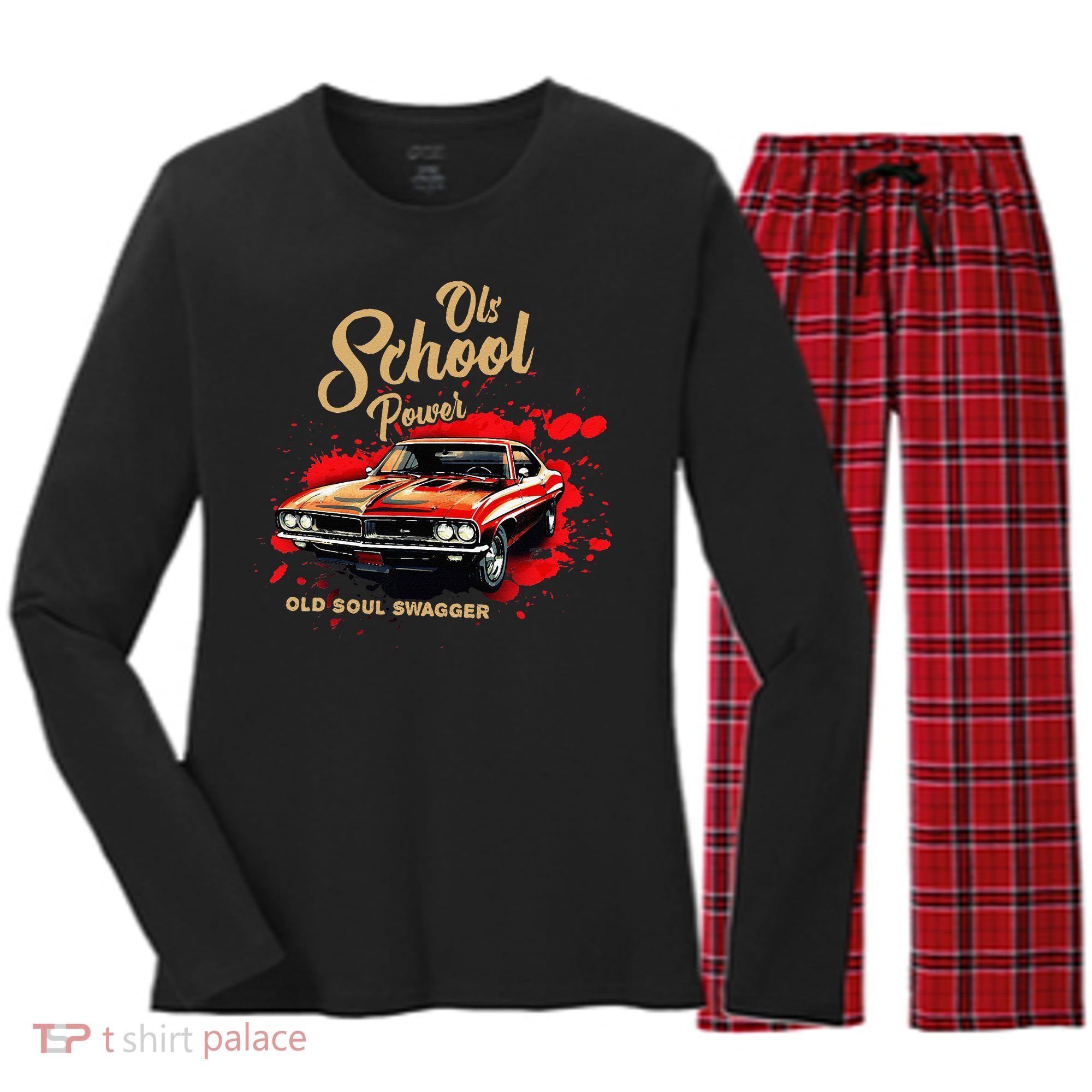 Old School Power Old Soul Swagger Classic Car Women's Long Sleeve Flannel Pajama Set 