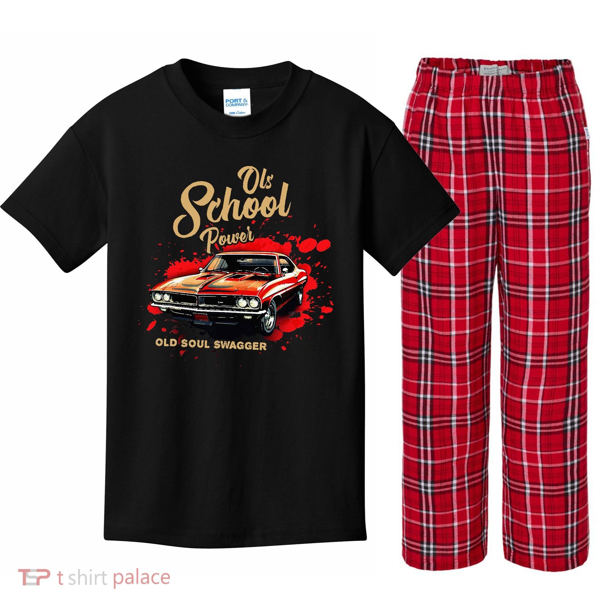 Old School Power Old Soul Swagger Classic Car Kids Plaid Pajama Set