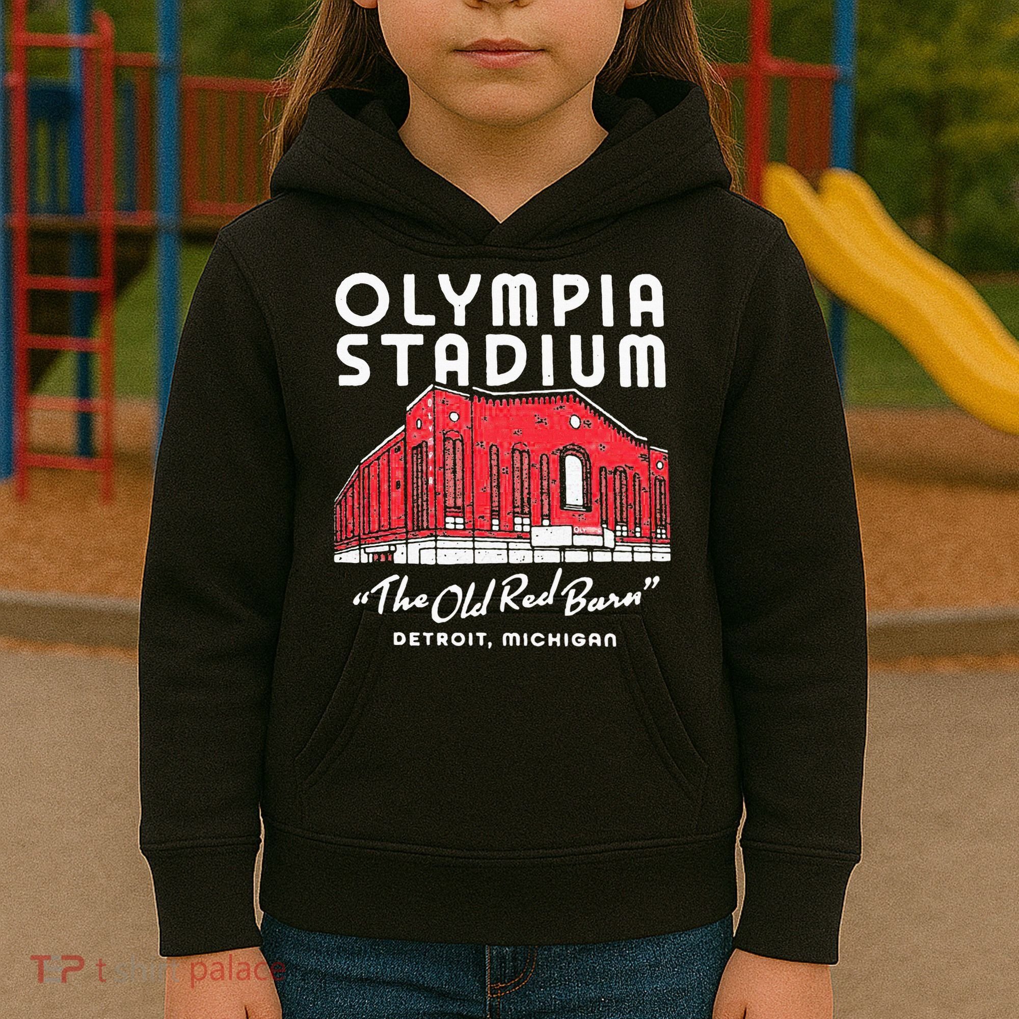 Olympia Stadium The Old Red Burn Detroit Michigan Kids Hoodie