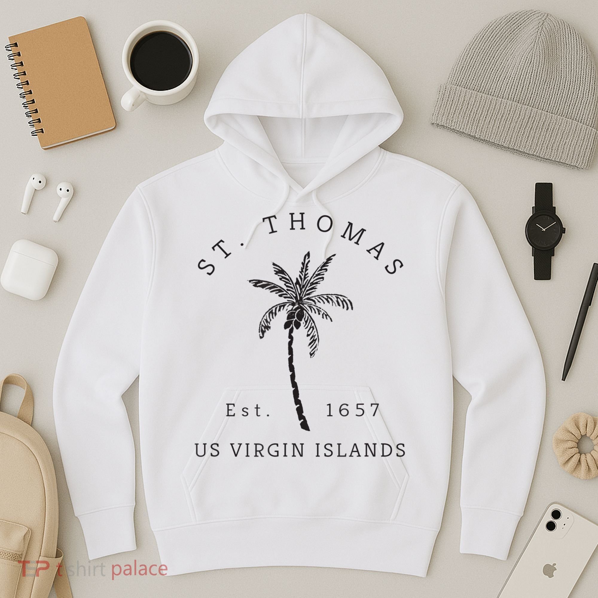 Original St. Thomas Virgin Islands Palm Tree Novelty Art Hoodie