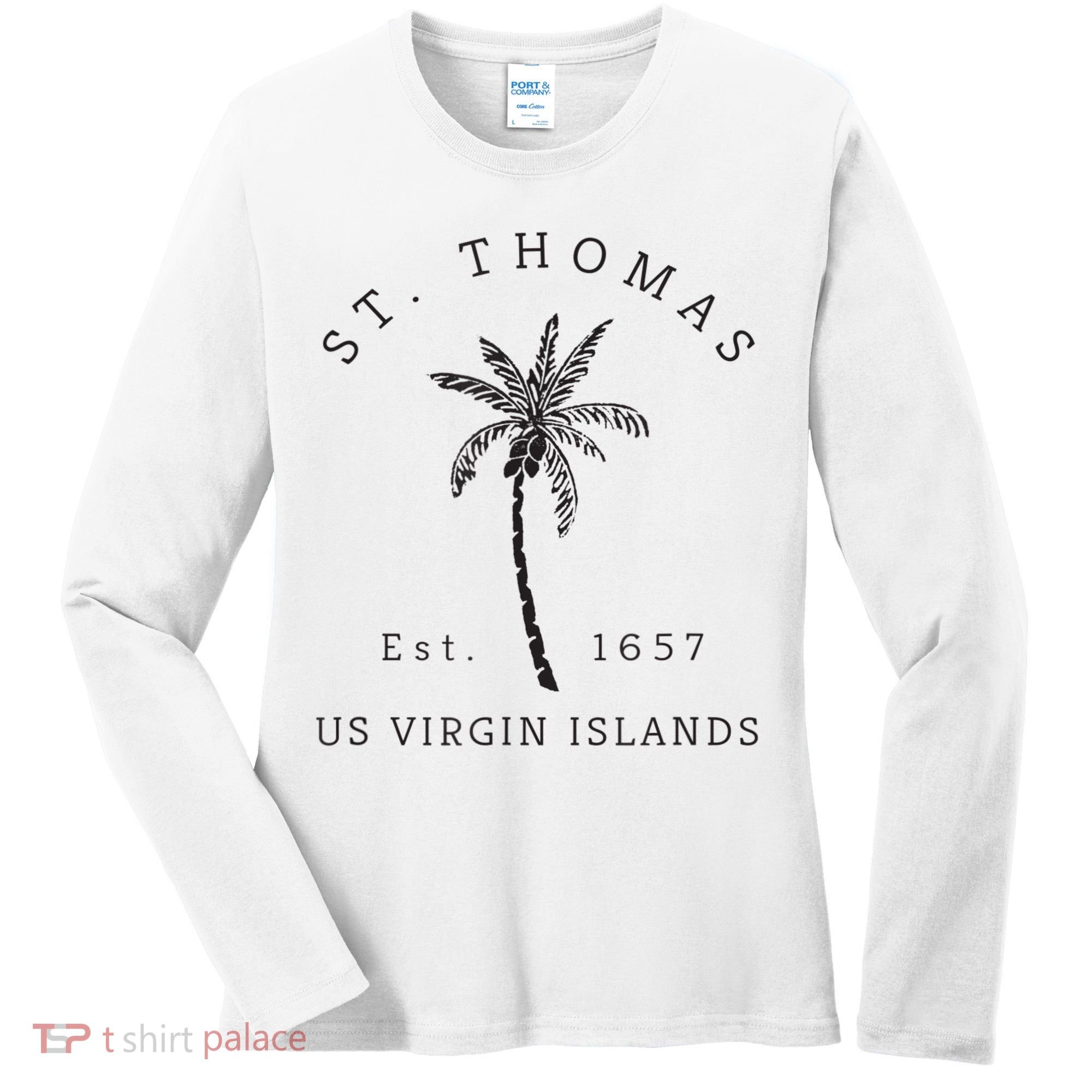 Original St. Thomas Virgin Islands Palm Tree Novelty Art Women's Long Sleeve Shirt