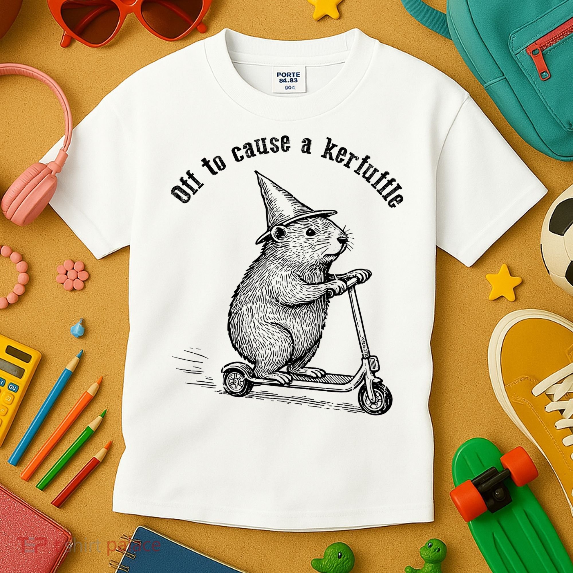 Off To Cause A Kerfuffle Capybara Scooter Chaos Kids T-Shirt