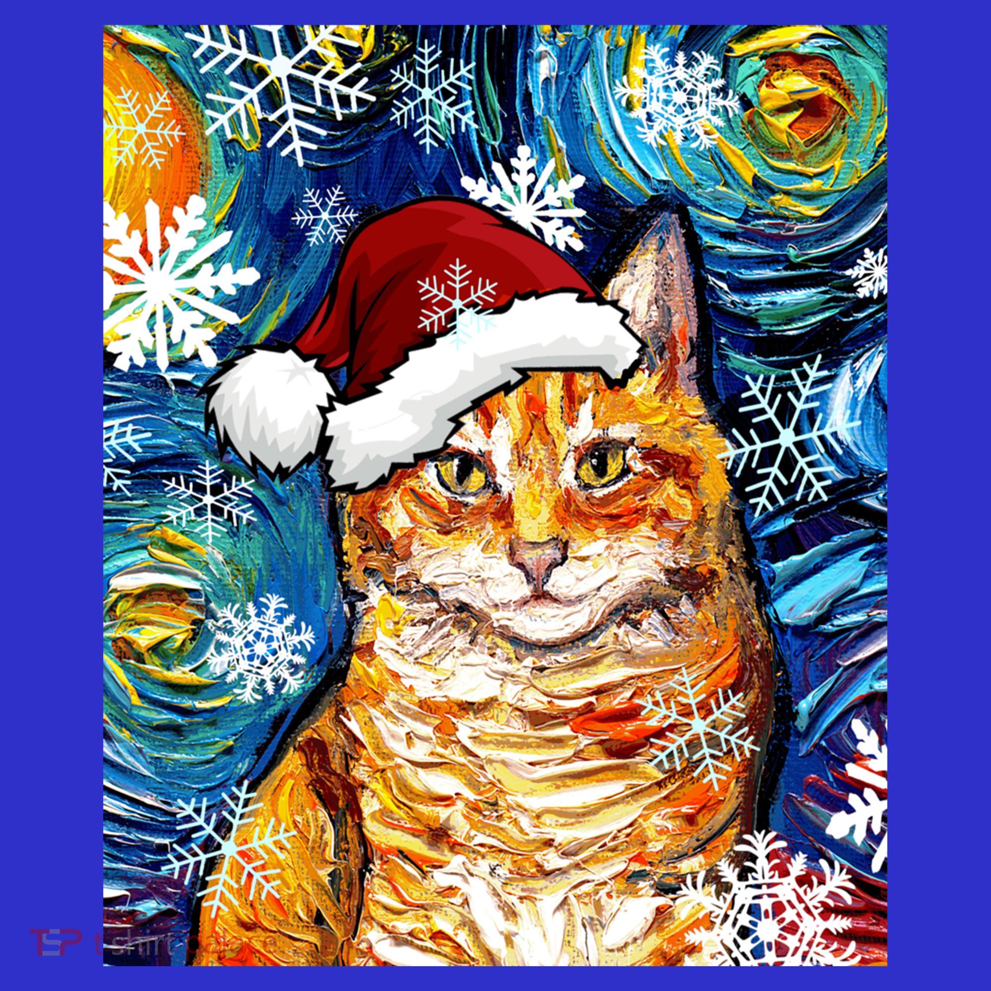 Orange Tabby Cat Santa Starry Night Christmas Art By Aja Funny Gift Long Sleeve Shirt