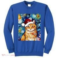 Orange Tabby Cat Santa Starry Night Christmas Art By Aja Funny Gift Sweatshirt thumb 0