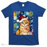 Orange Tabby Cat Santa Starry Night Christmas Art By Aja Funny Gift T-Shirt thumb 0