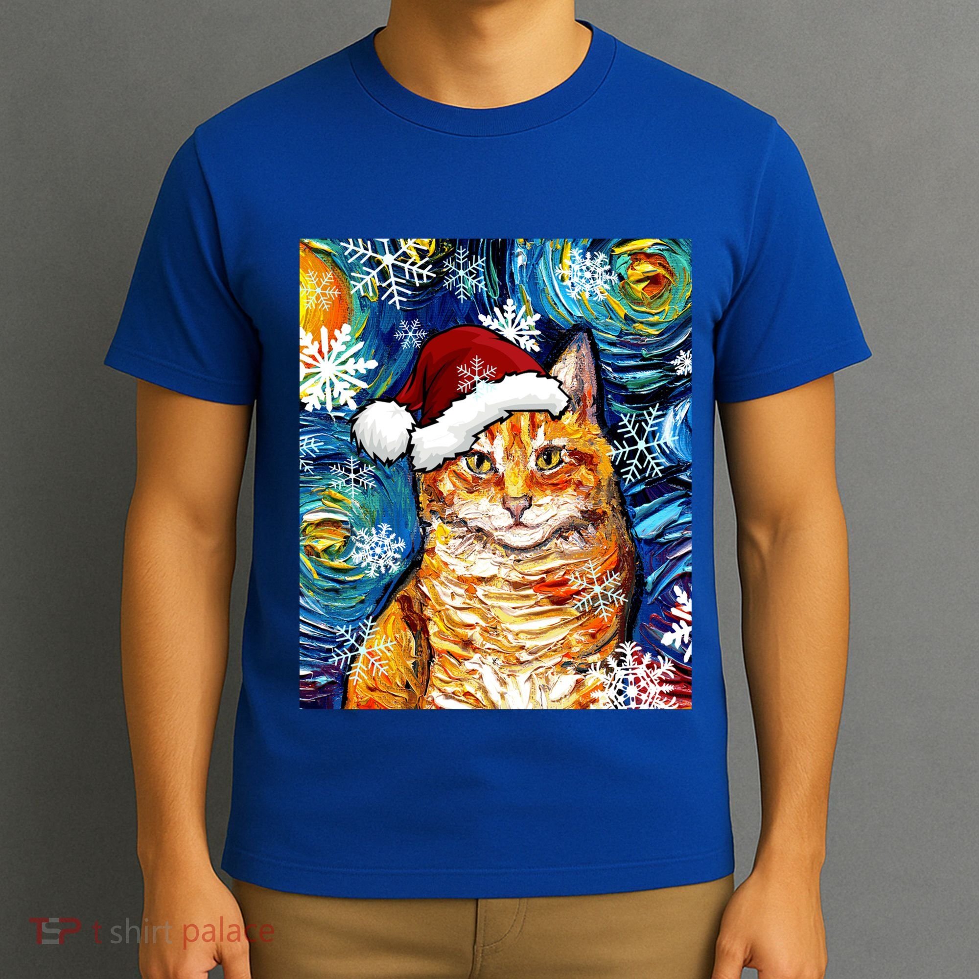 Orange Tabby Cat Santa Starry Night Christmas Art By Aja Funny Gift T-Shirt
