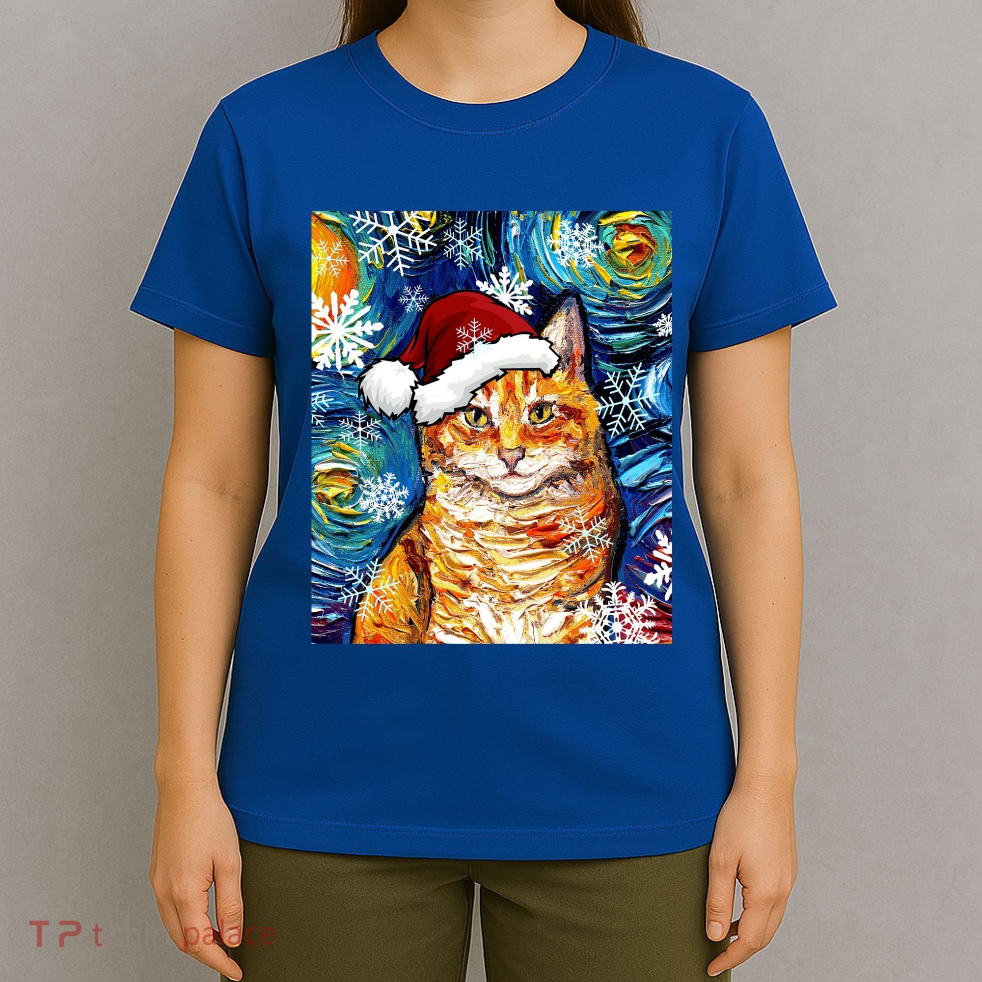 Orange Tabby Cat Santa Starry Night Christmas Art By Aja Funny Gift T-Shirt