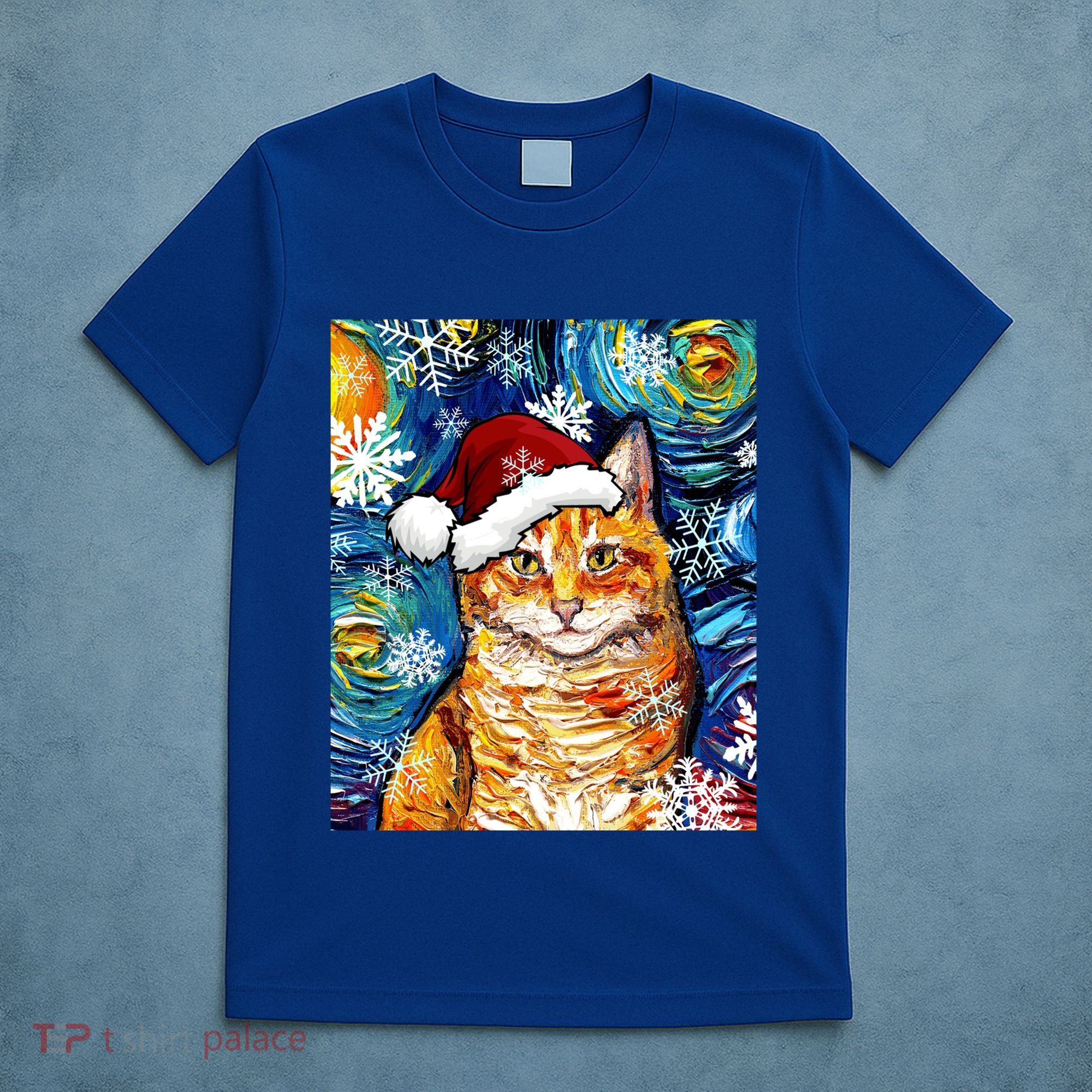 Orange Tabby Cat Santa Starry Night Christmas Art By Aja Funny Gift T-Shirt