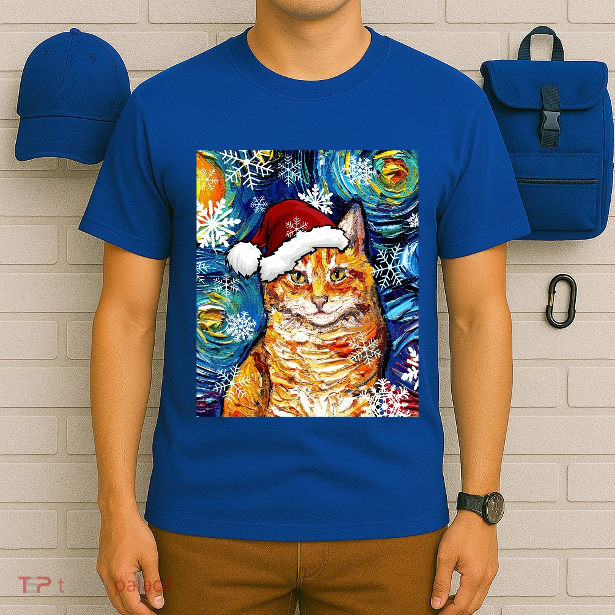 Orange Tabby Cat Santa Starry Night Christmas Art By Aja Funny Gift T-Shirt