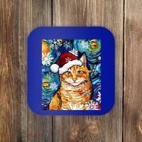Orange Tabby Cat Santa Starry Night Christmas Art By Aja Funny Gift Coaster thumb 0