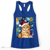 Orange Tabby Cat Santa Starry Night Christmas Art By Aja Funny Gift Women's Tank Top thumb 0