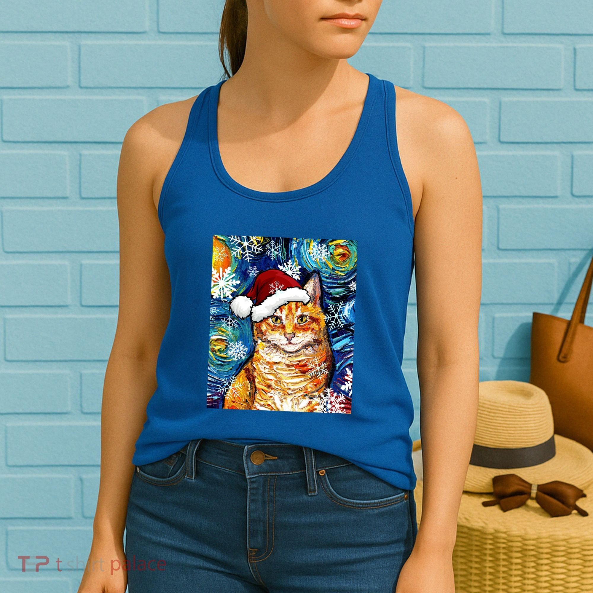 Orange Tabby Cat Santa Starry Night Christmas Art By Aja Funny Gift Women's Tank Top