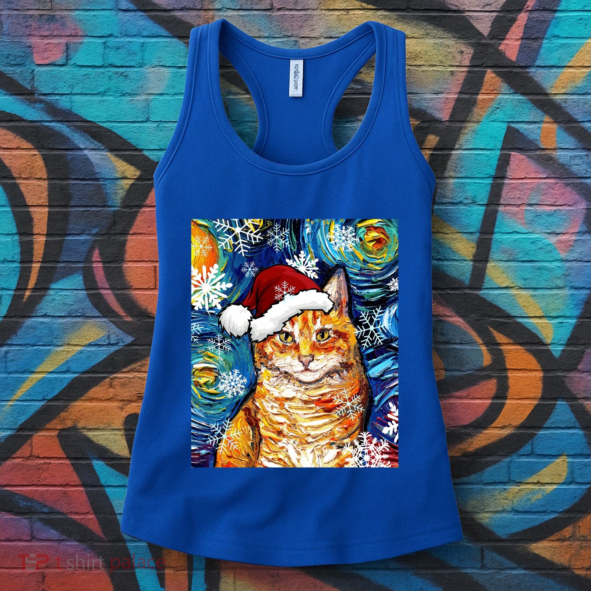Orange Tabby Cat Santa Starry Night Christmas Art By Aja Funny Gift Women's Tank Top
