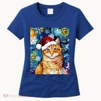 Orange Tabby Cat Santa Starry Night Christmas Art By Aja Funny Gift Women's T-Shirt thumb 0