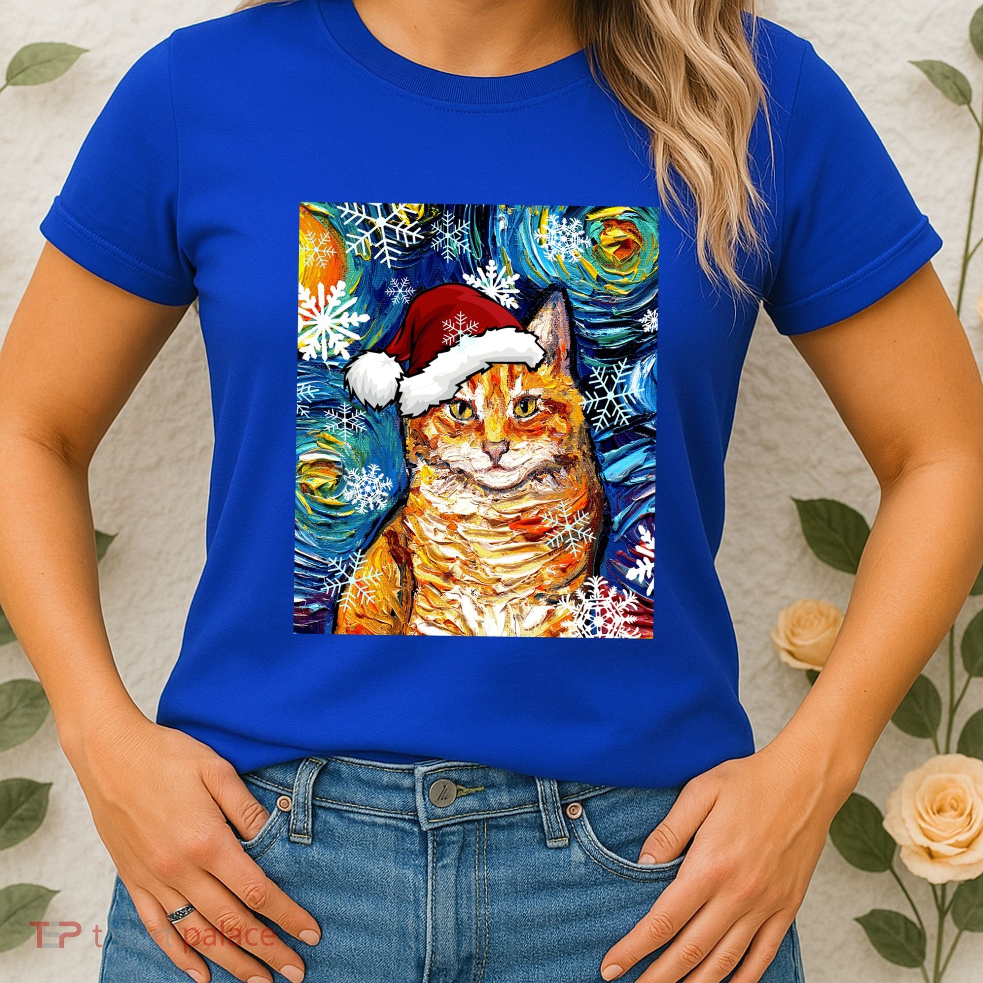 Orange Tabby Cat Santa Starry Night Christmas Art By Aja Funny Gift Women's T-Shirt