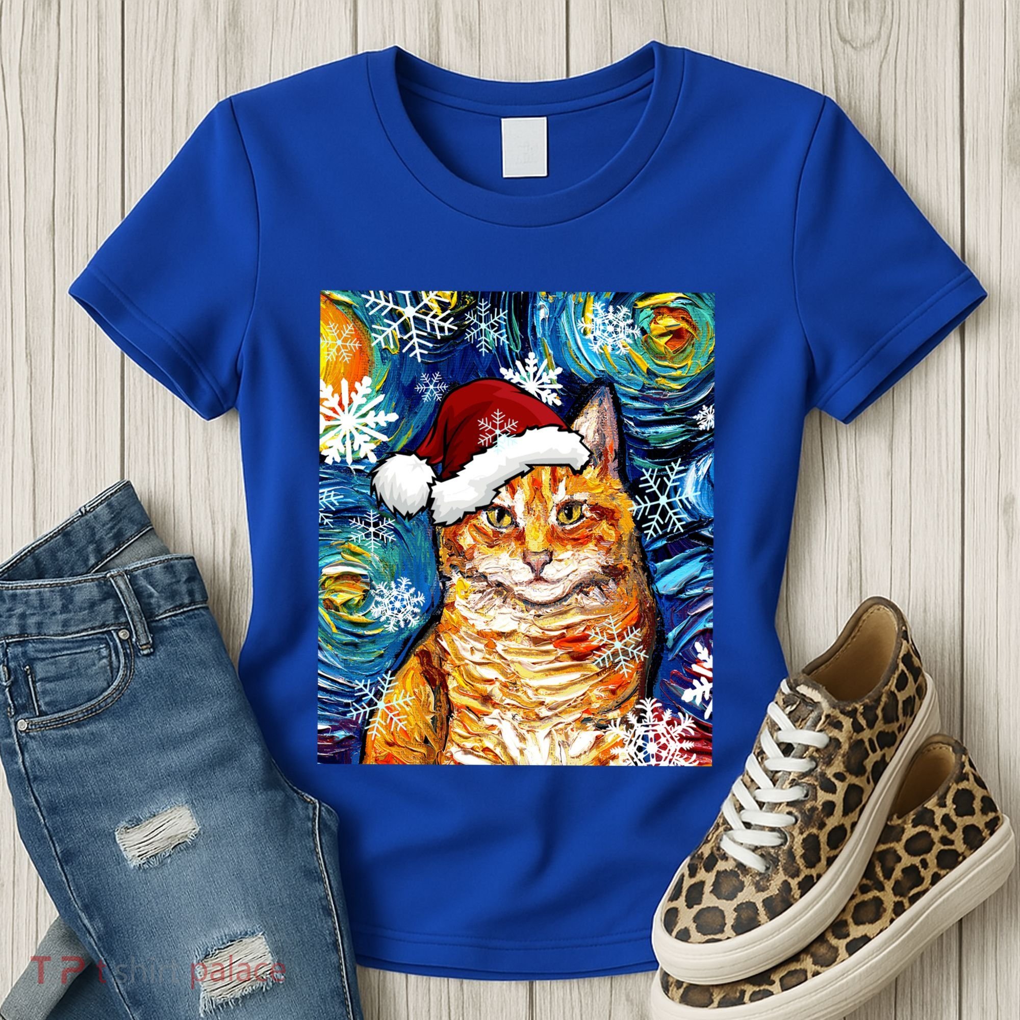 Orange Tabby Cat Santa Starry Night Christmas Art By Aja Funny Gift Women's T-Shirt