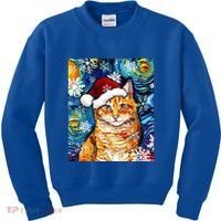 Orange Tabby Cat Santa Starry Night Christmas Art By Aja Funny Gift Kids Sweatshirt thumb 0