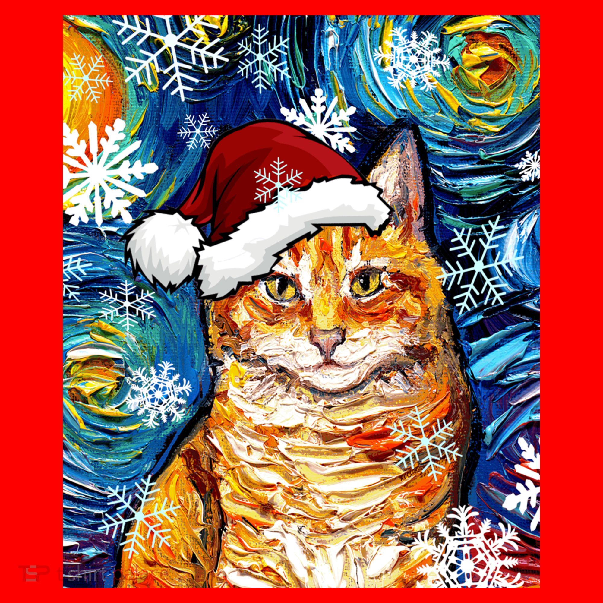 Orange Tabby Cat Santa Starry Night Christmas Art By Aja Funny Gift Santa Hat