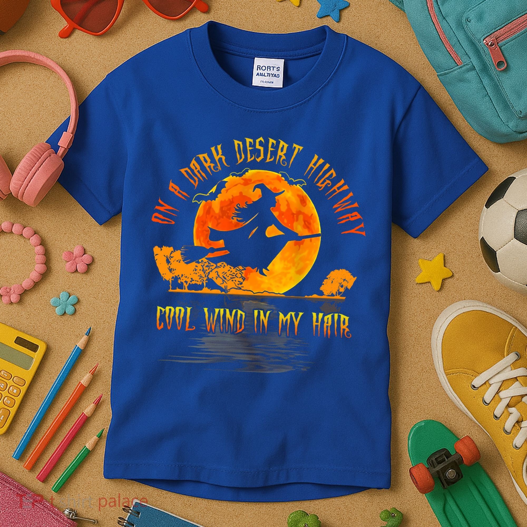 On The Dark Desert Highway Witch Riding Broom Night Hippies Cute Gift Kids T-Shirt