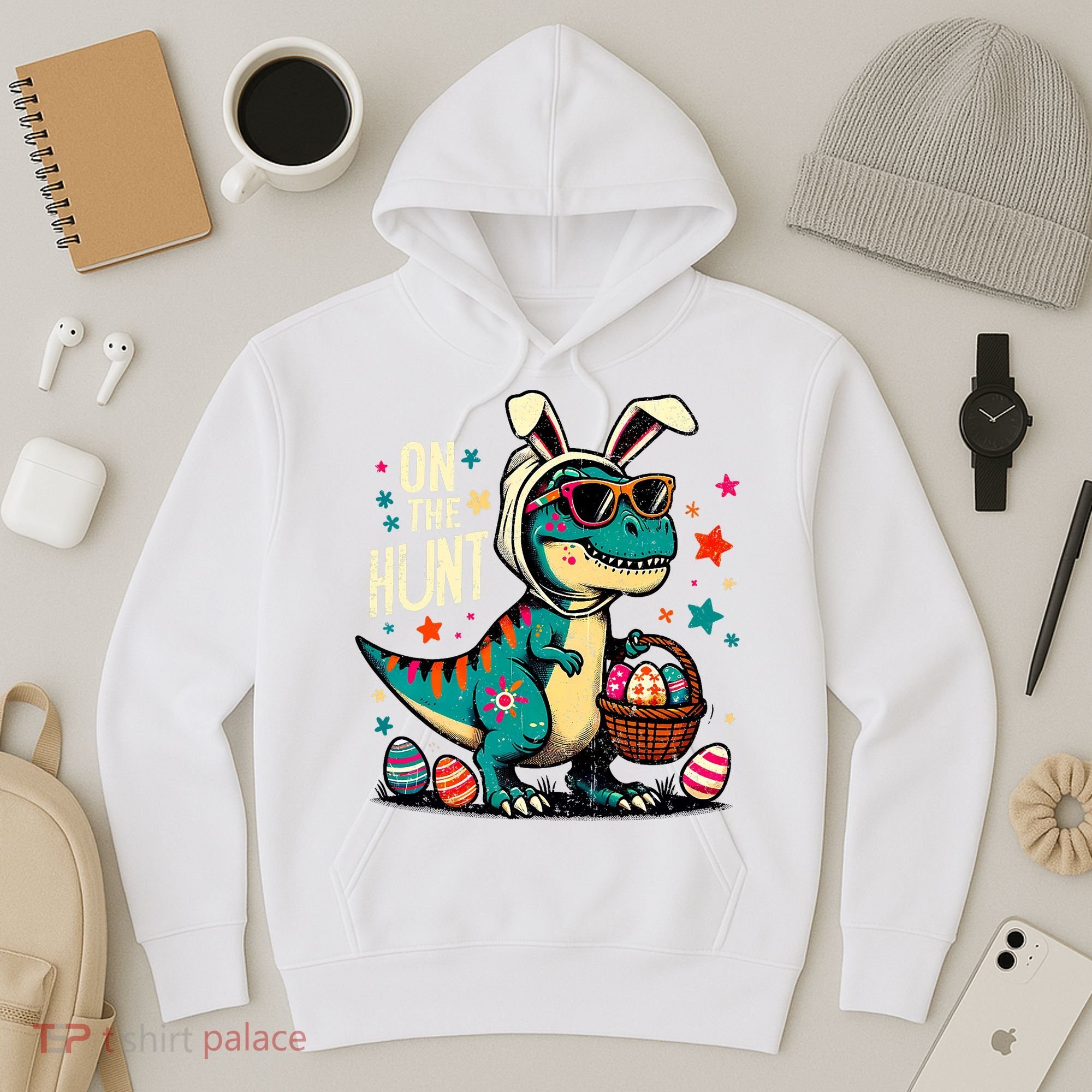 On The Hunt Dino Happy Easter Day T-rex Dinosaur  Hoodie