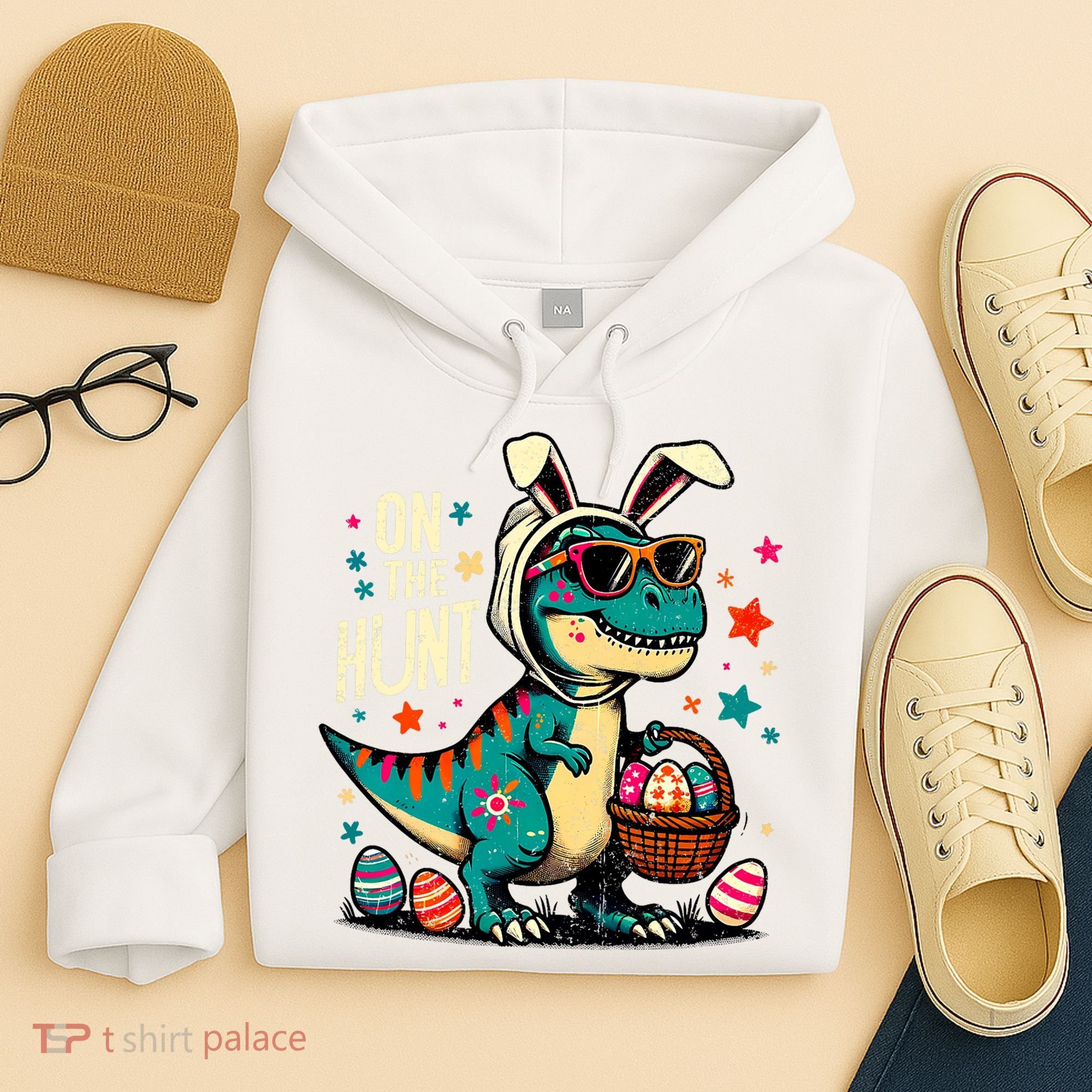 On The Hunt Dino Happy Easter Day T-rex Dinosaur  Hoodie