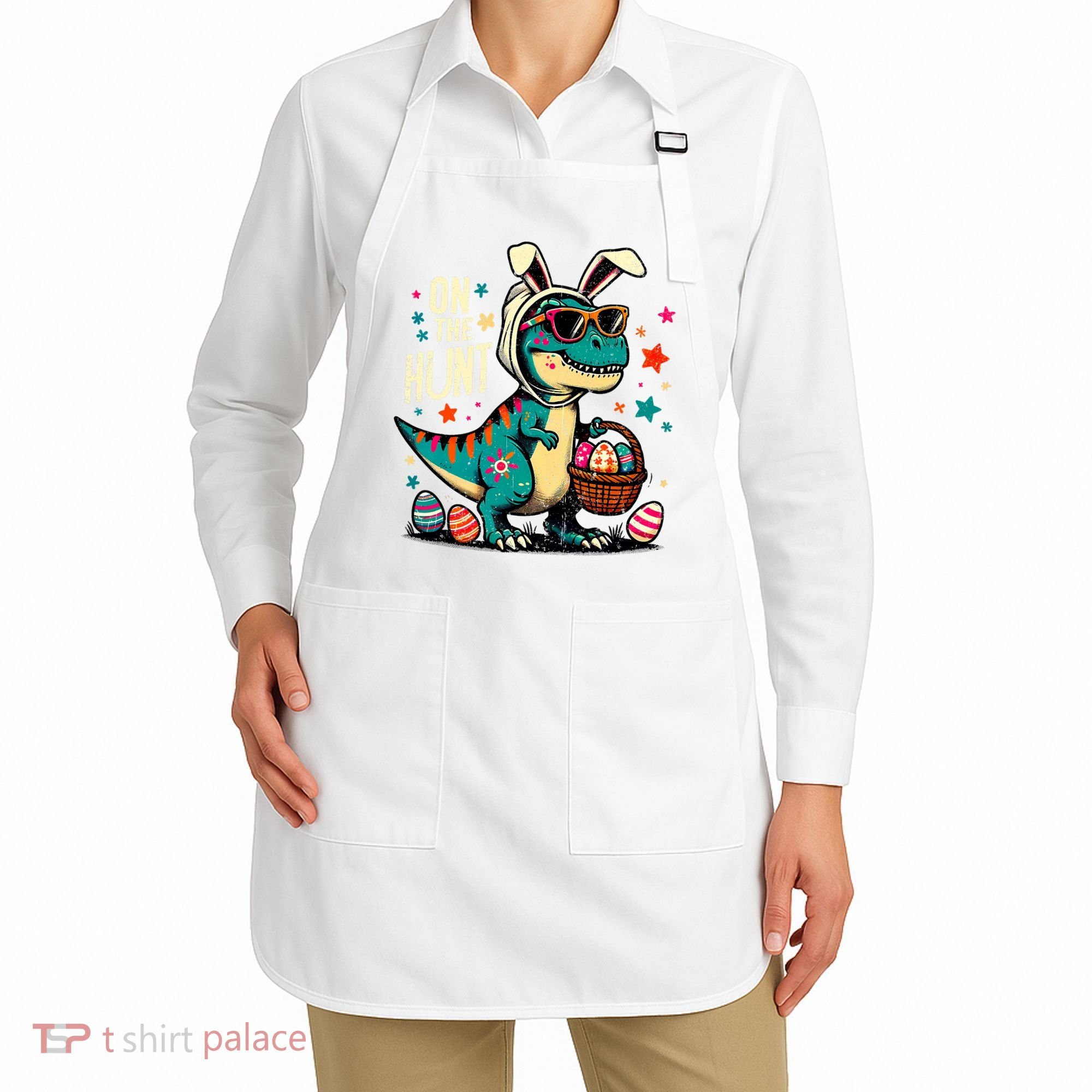 On The Hunt Dino Happy Easter Day T-rex Dinosaur  Apron