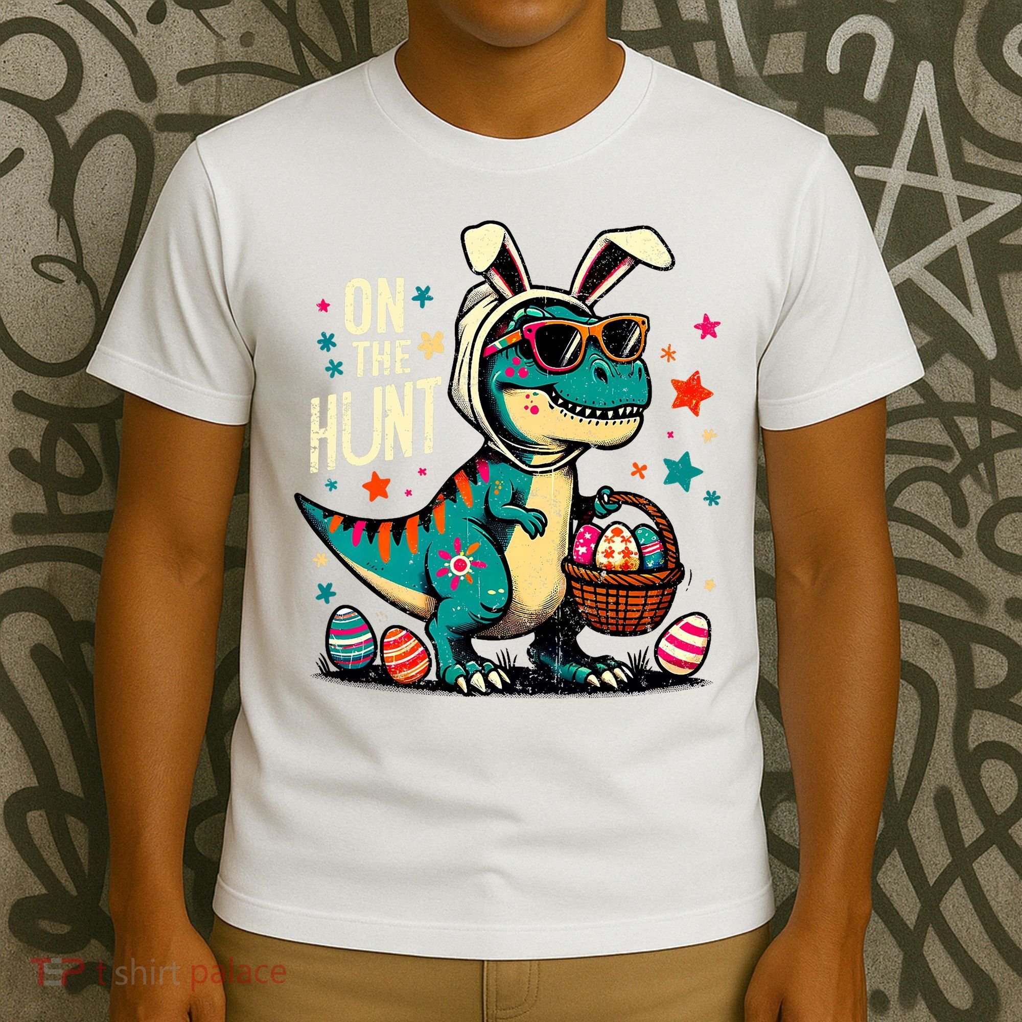 On The Hunt Dino Happy Easter Day T-rex Dinosaur  T-Shirt