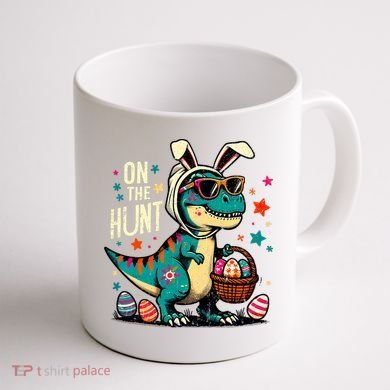 On The Hunt Dino Happy Easter Day T-rex Dinosaur  Coffee Mug back