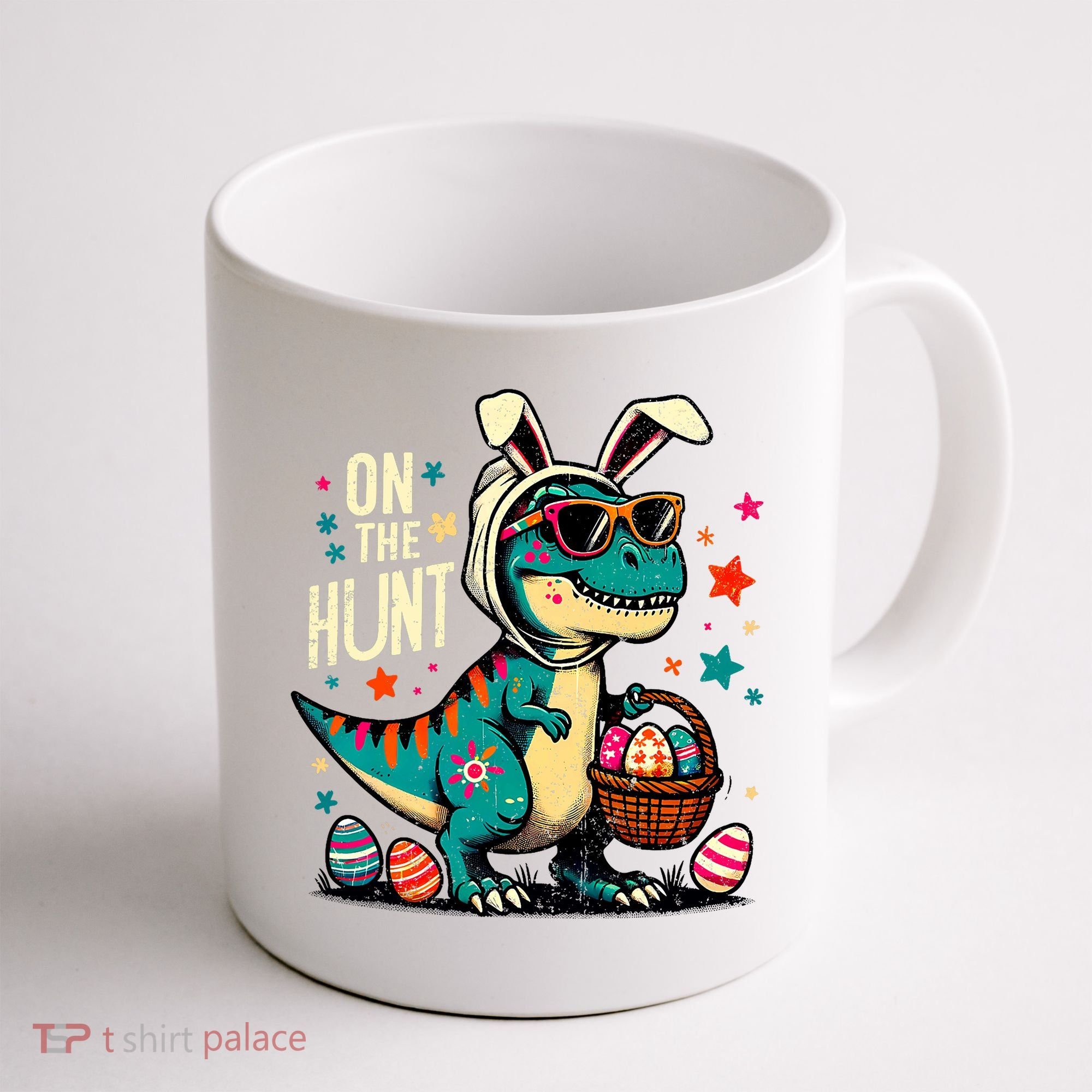 On The Hunt Dino Happy Easter Day T-rex Dinosaur  Coffee Mug
