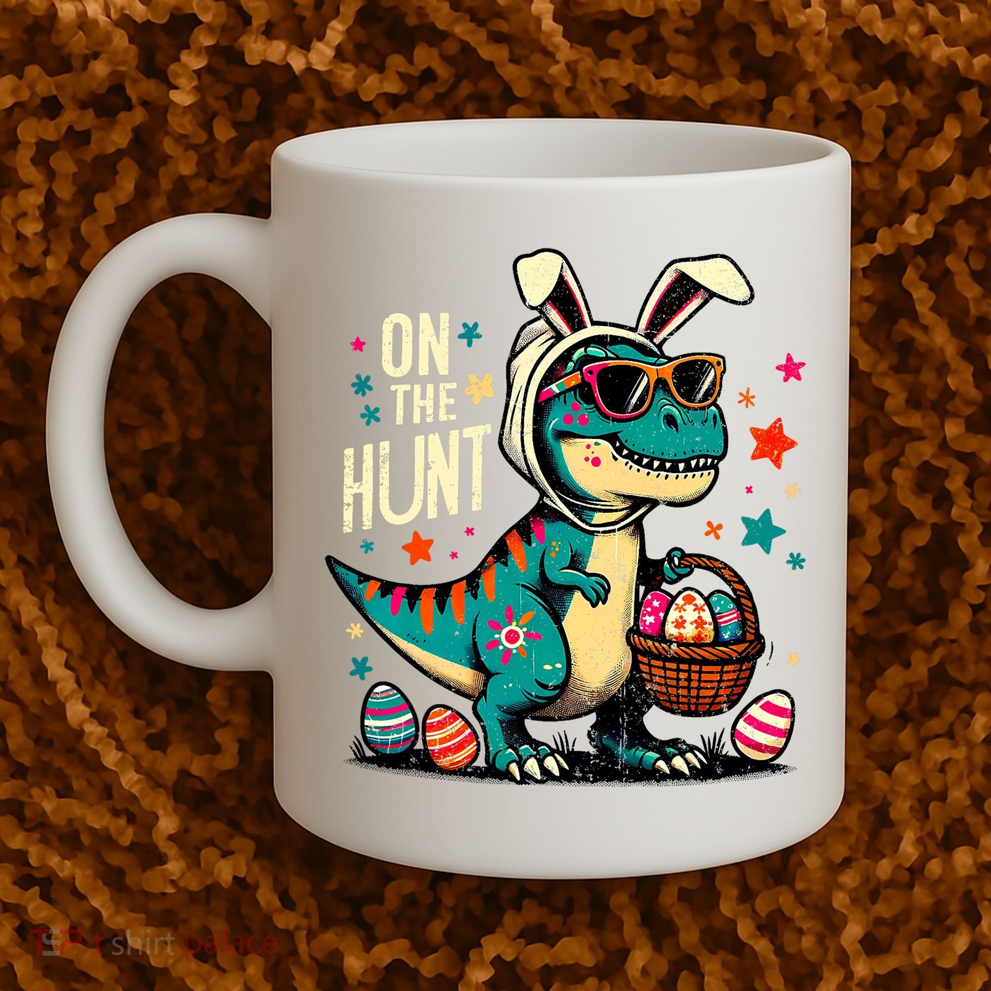 On The Hunt Dino Happy Easter Day T-rex Dinosaur  Coffee Mug