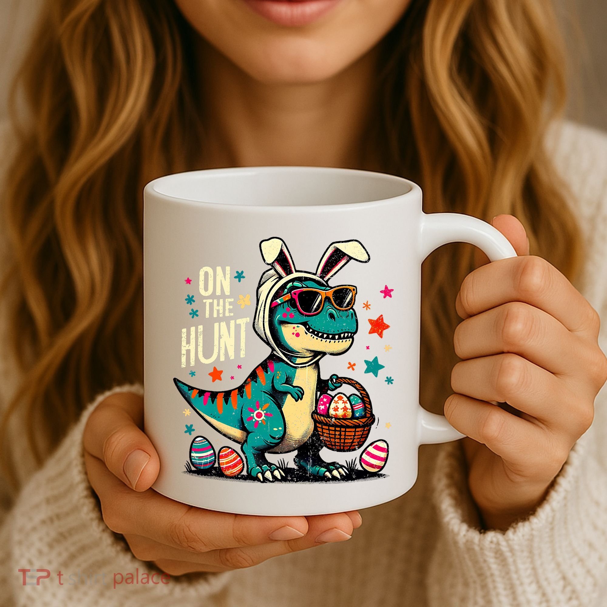 On The Hunt Dino Happy Easter Day T-rex Dinosaur  Coffee Mug