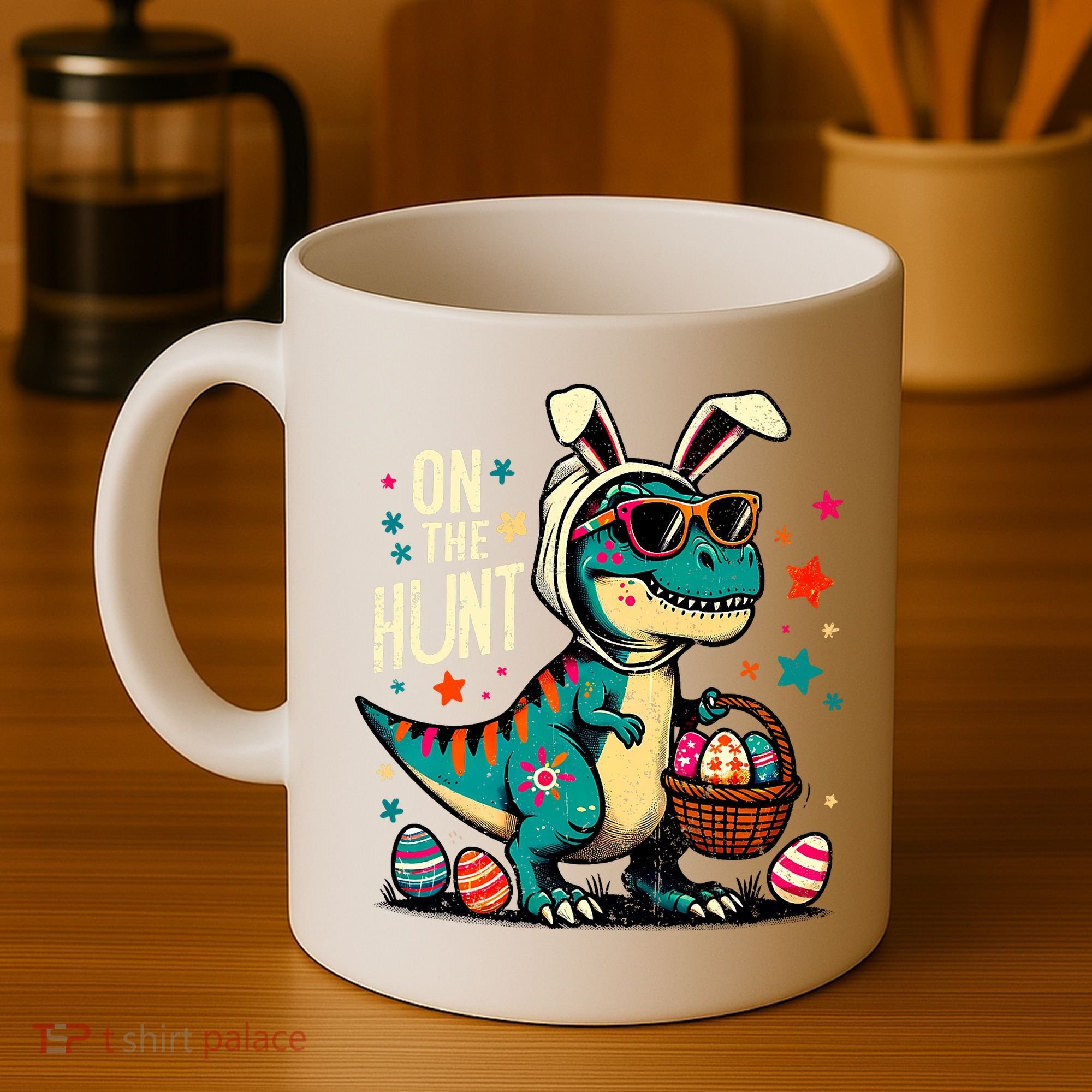 On The Hunt Dino Happy Easter Day T-rex Dinosaur  Coffee Mug