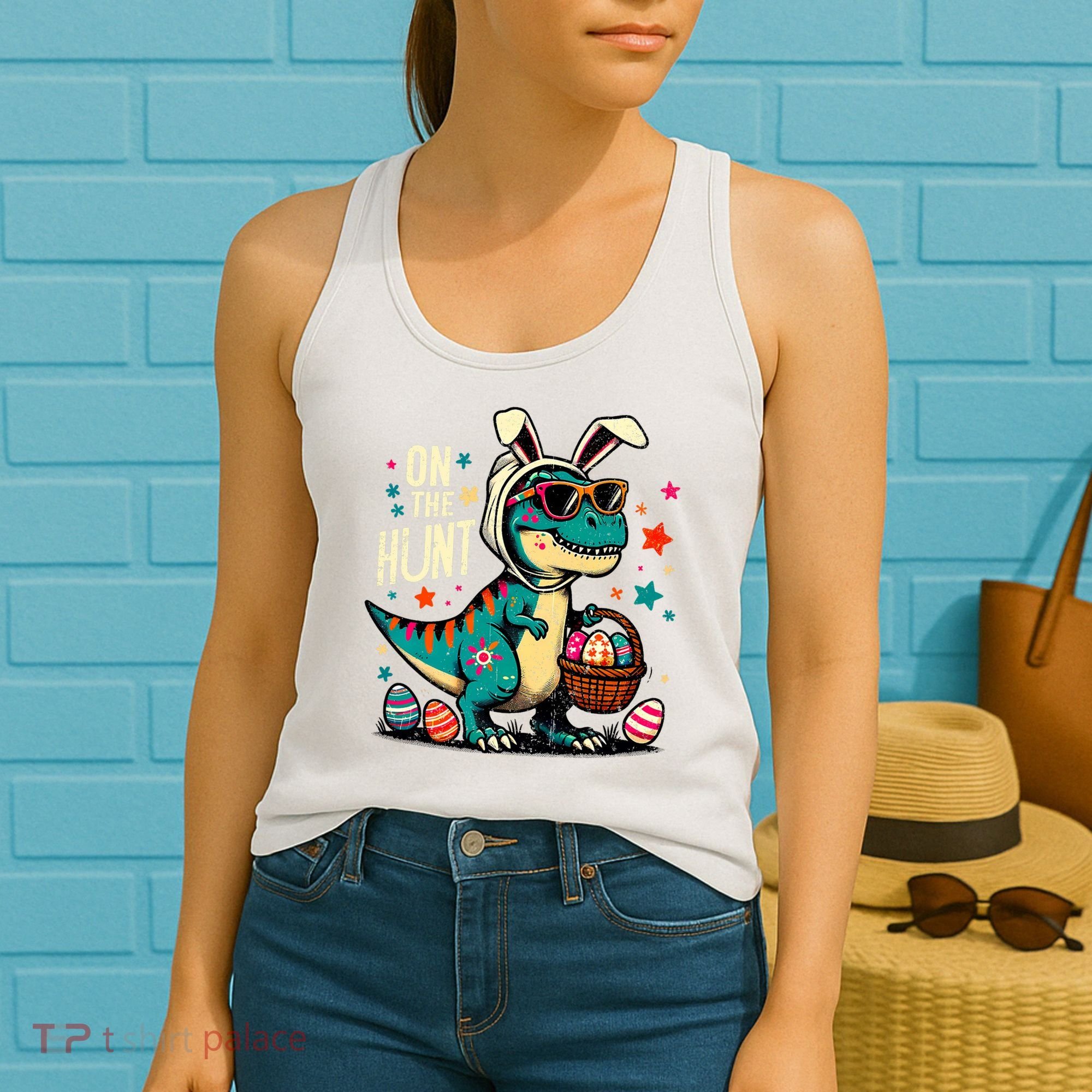 On The Hunt Dino Happy Easter Day T-rex Dinosaur  Women's Tank Top