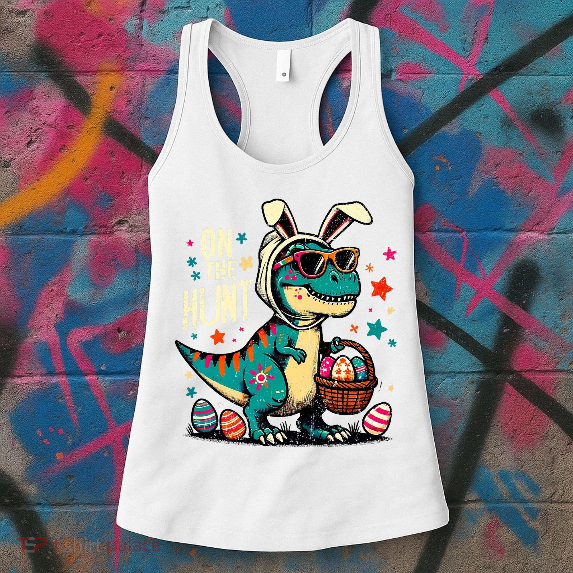 On The Hunt Dino Happy Easter Day T-rex Dinosaur  Women's Tank Top