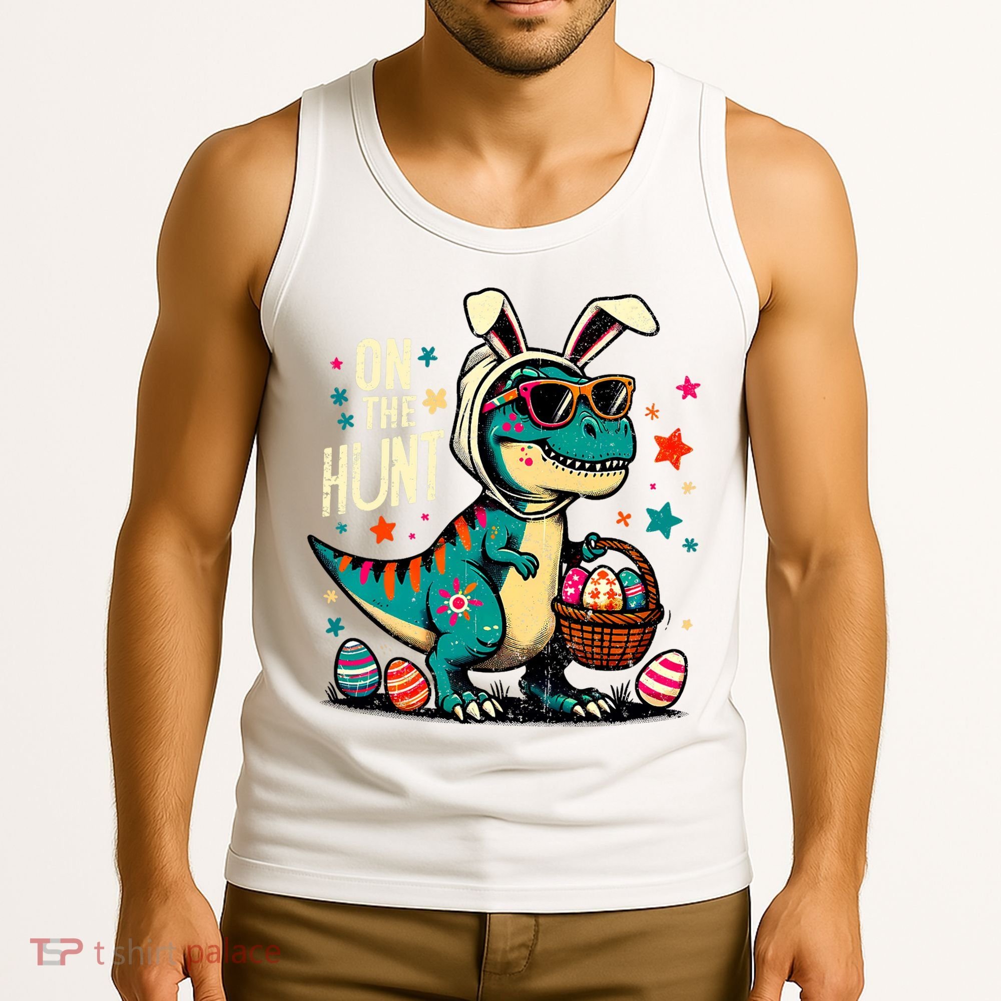 On The Hunt Dino Happy Easter Day T-rex Dinosaur  Tank Top