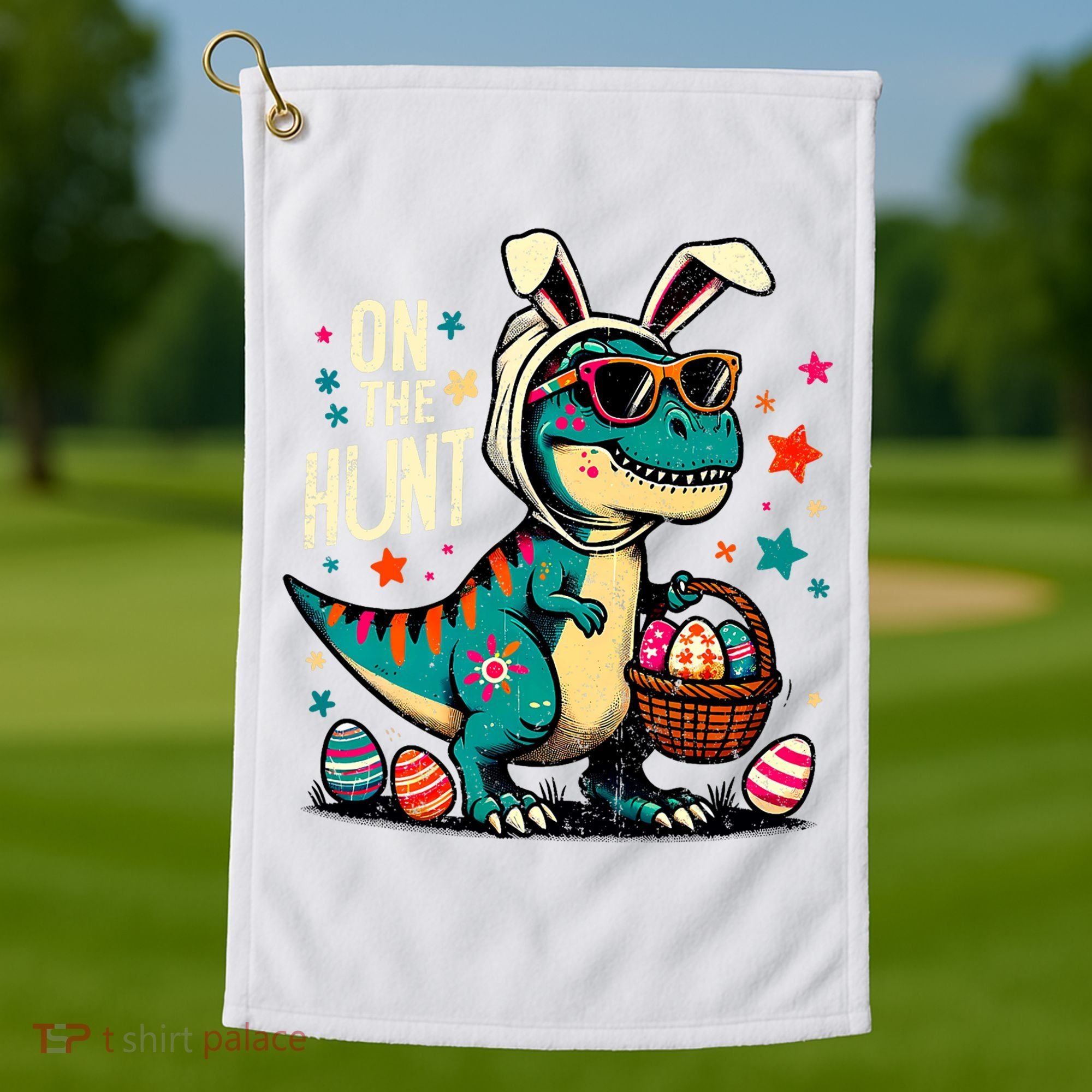 On The Hunt Dino Happy Easter Day T-rex Dinosaur  Golf Towel