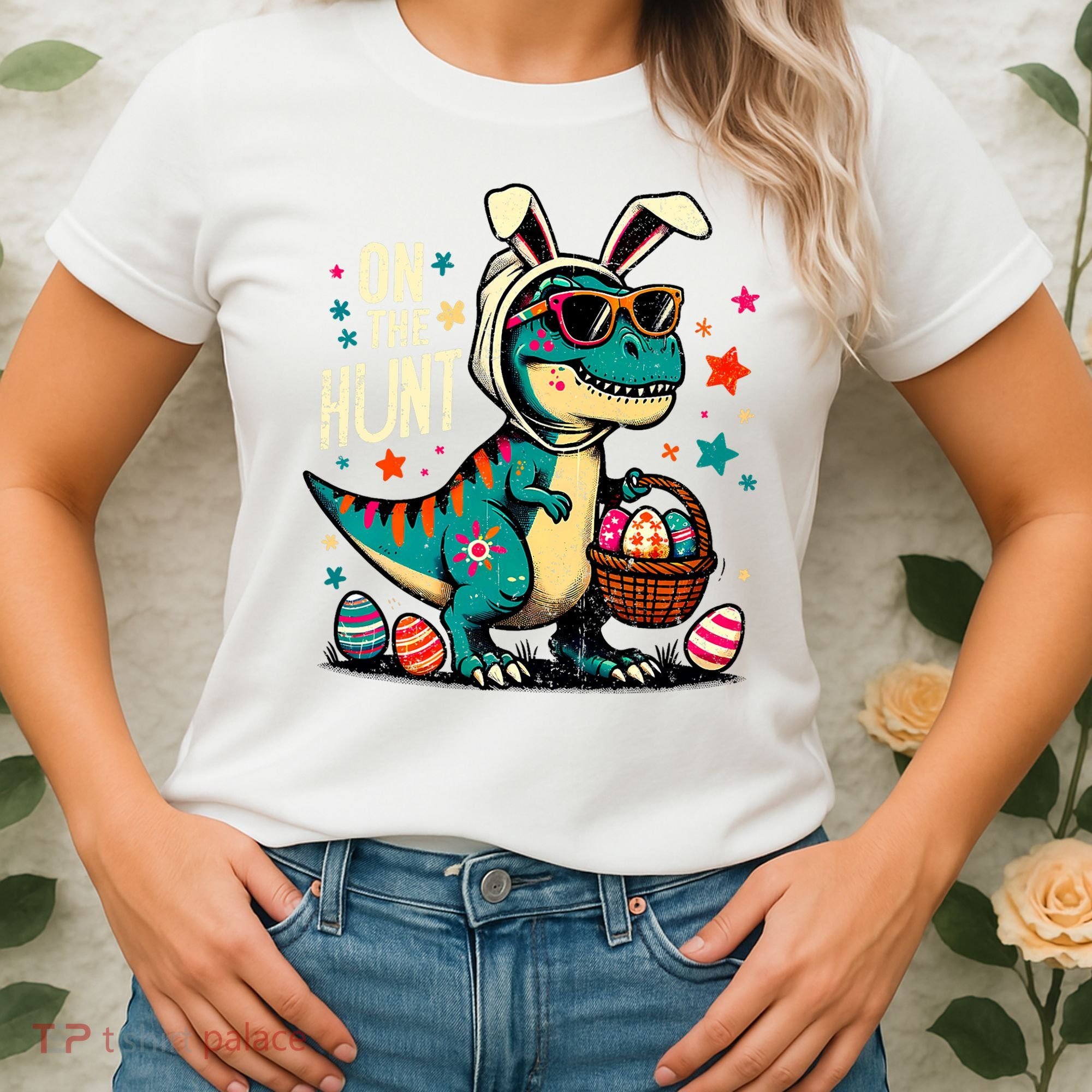 On The Hunt Dino Happy Easter Day T-rex Dinosaur  Women's T-Shirt