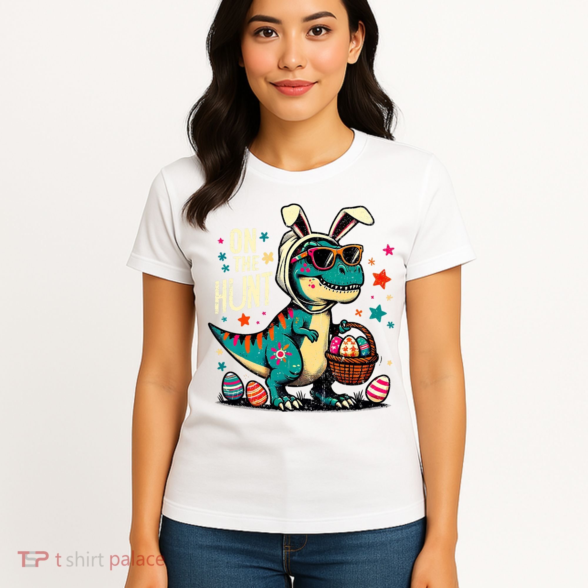 On The Hunt Dino Happy Easter Day T-rex Dinosaur  Women's T-Shirt