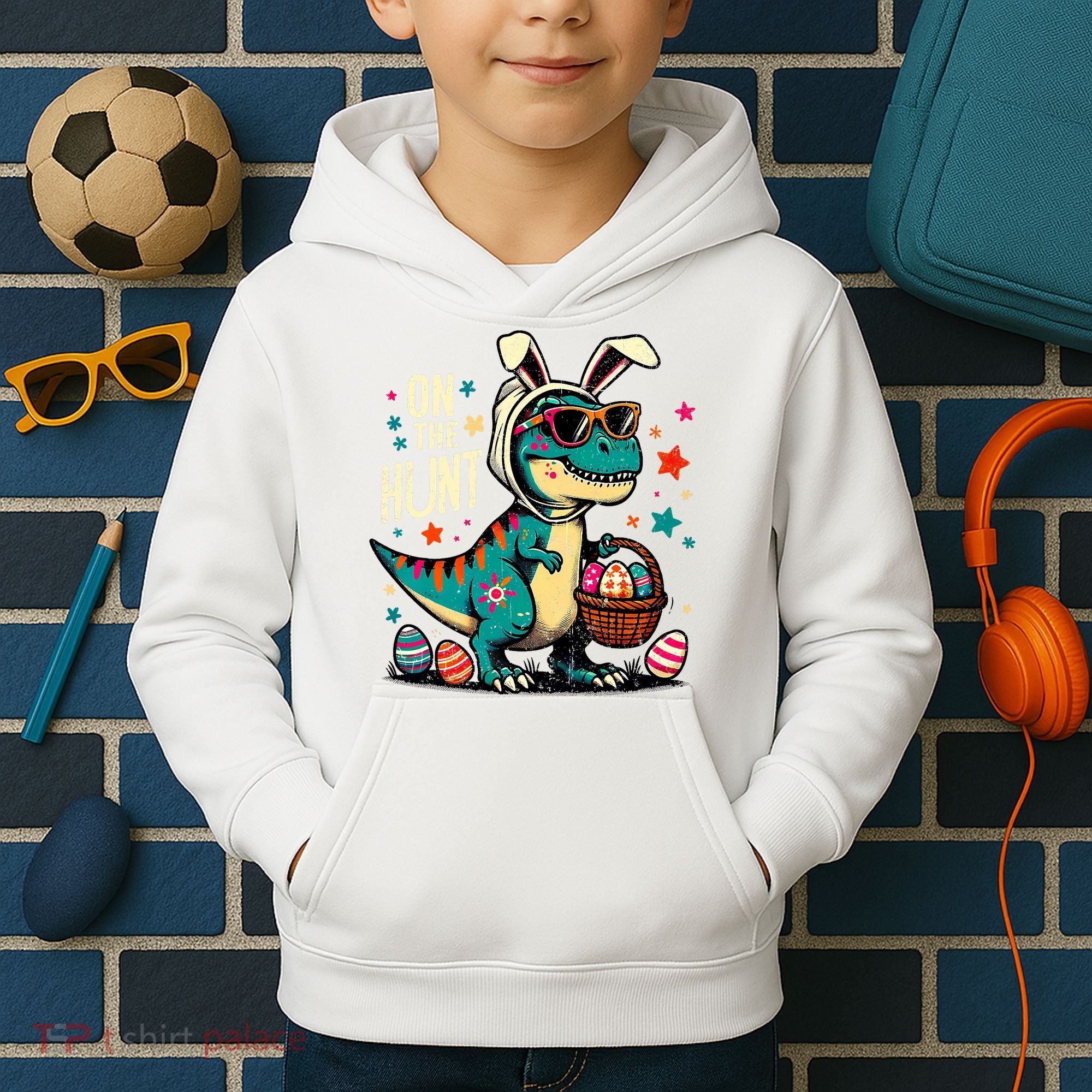 On The Hunt Dino Happy Easter Day T-rex Dinosaur  Kids Hoodie