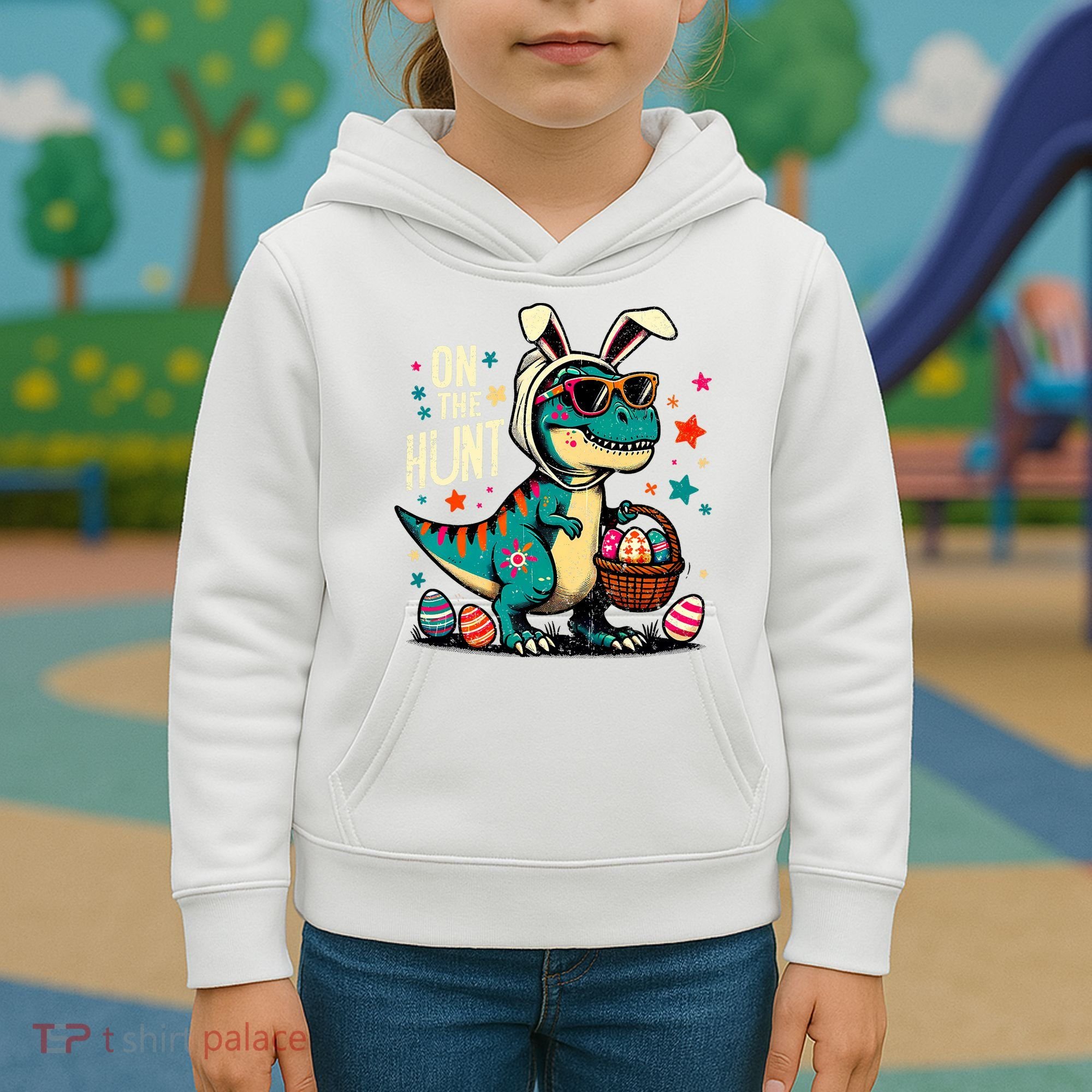 On The Hunt Dino Happy Easter Day T-rex Dinosaur  Kids Hoodie
