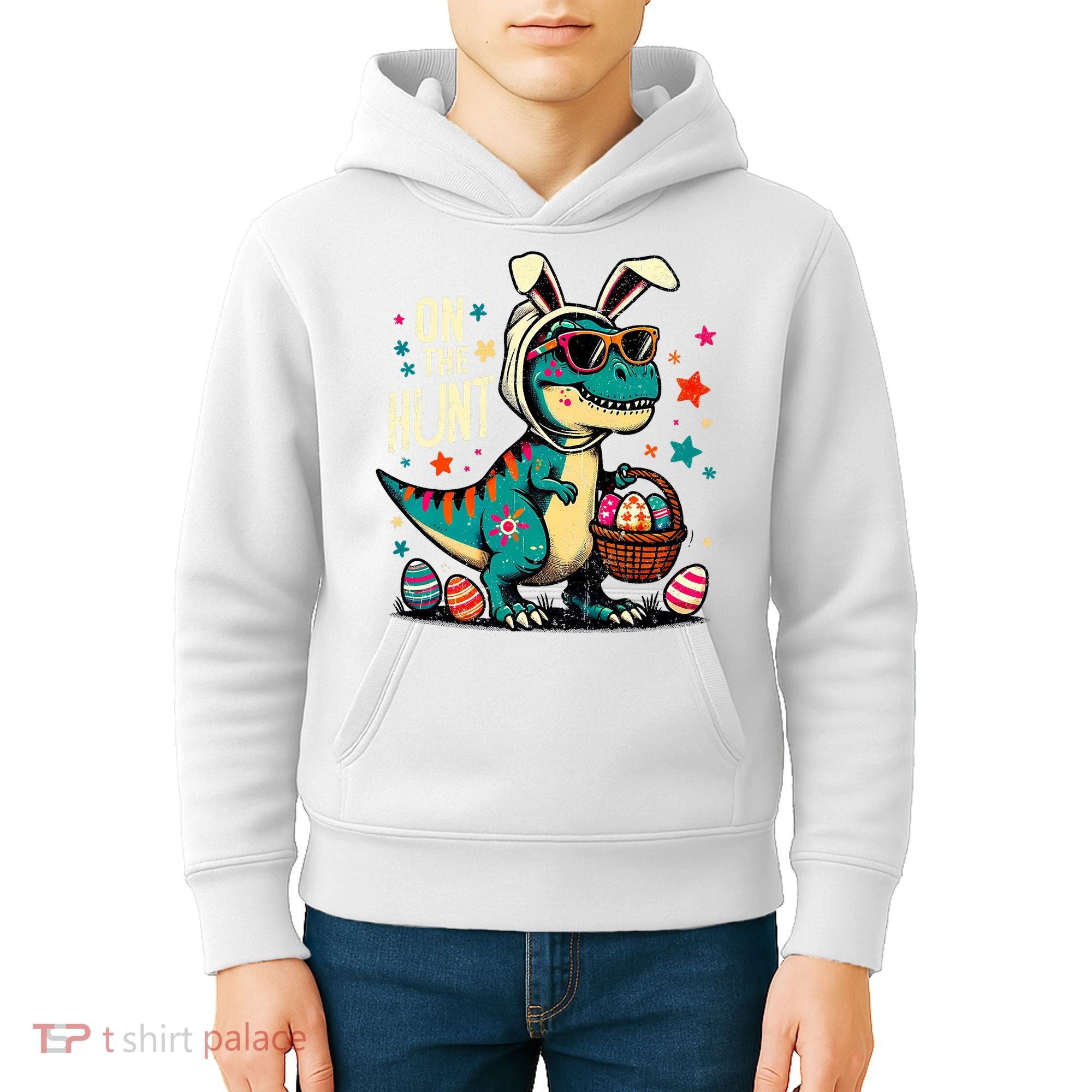 On The Hunt Dino Happy Easter Day T-rex Dinosaur  Kids Hoodie