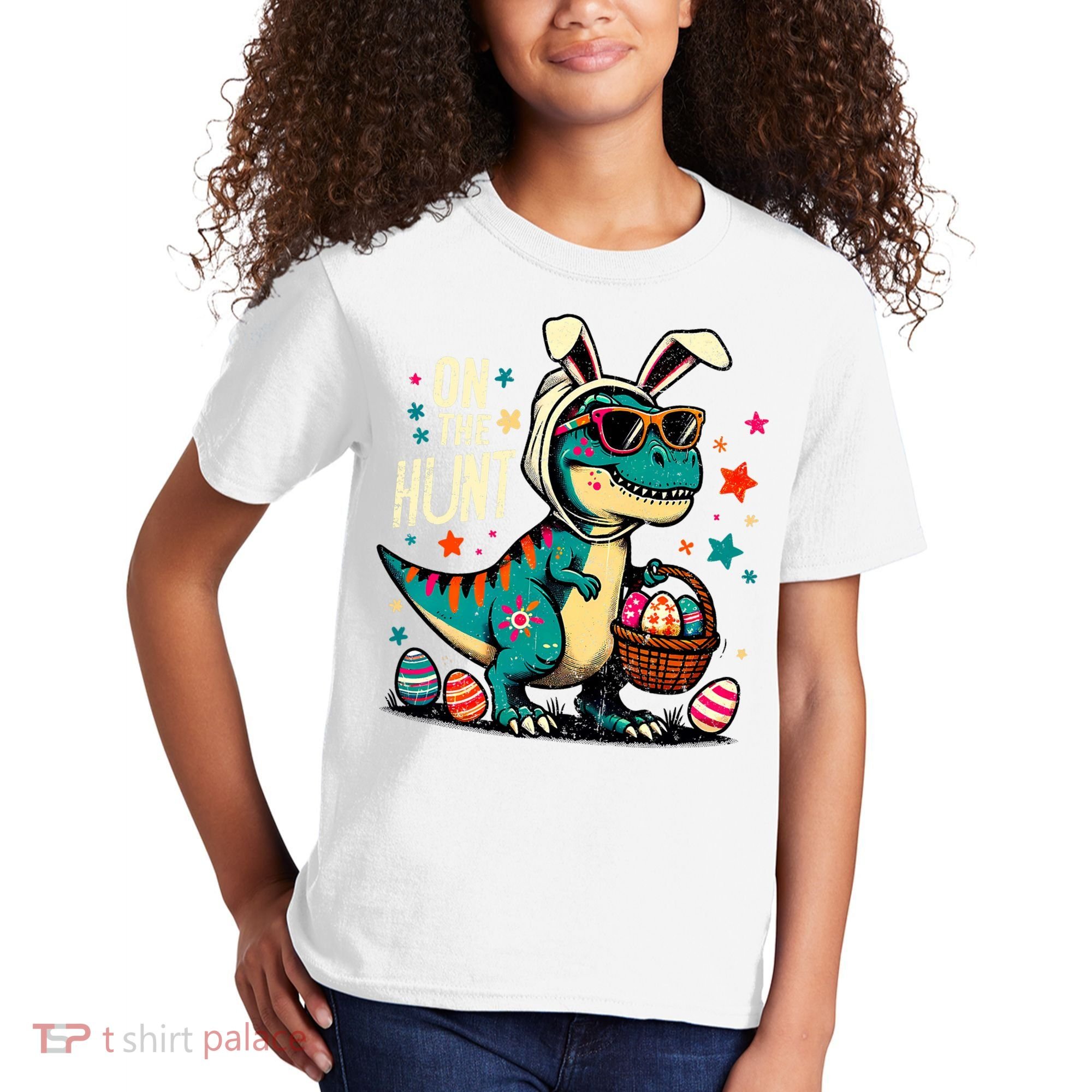 On The Hunt Dino Happy Easter Day T-rex Dinosaur  Kids T-Shirt