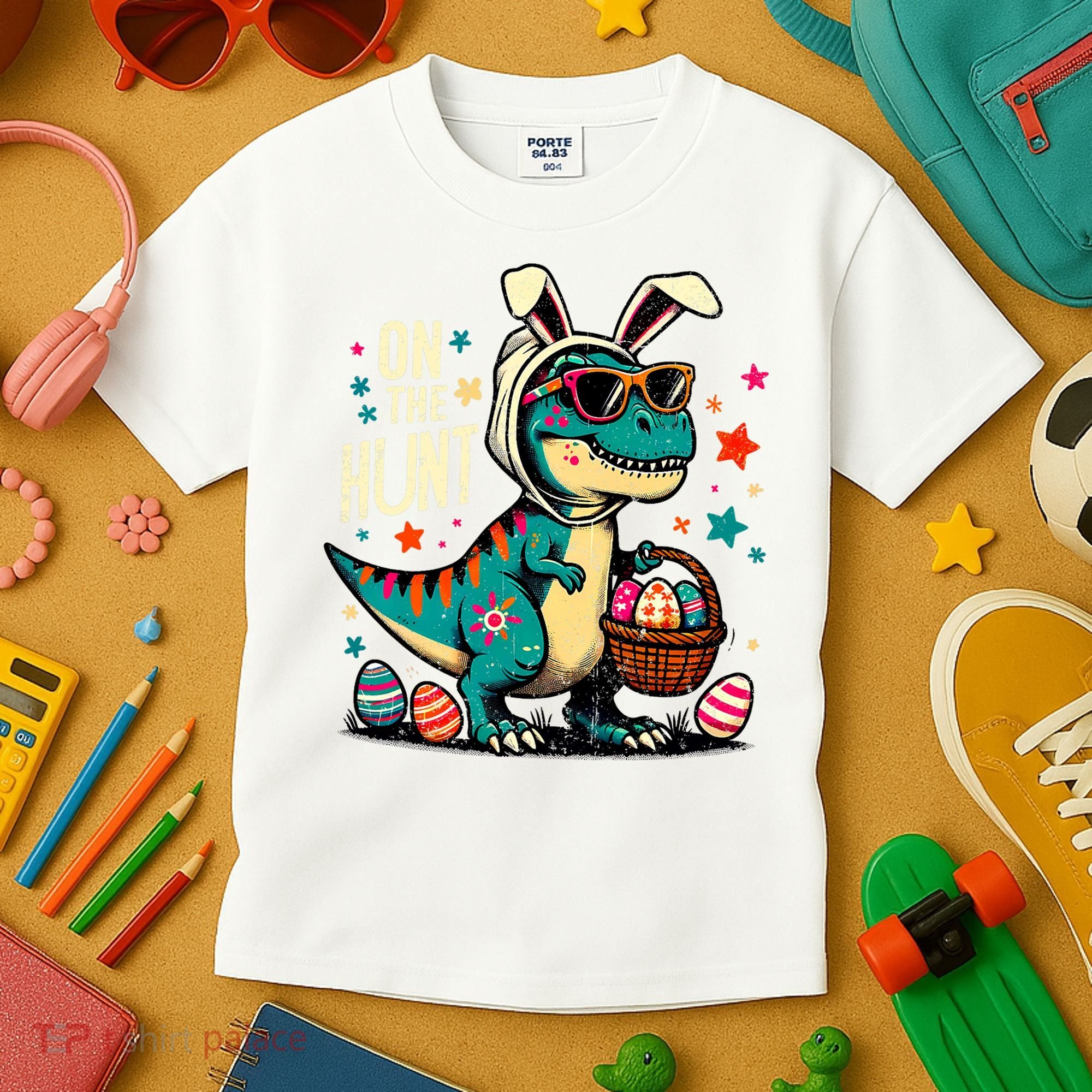On The Hunt Dino Happy Easter Day T-rex Dinosaur  Kids T-Shirt