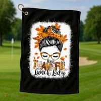One Thankful Lunch Lady Messy Bun Thanksgiving Lunch Lady Golf Towel thumb 1