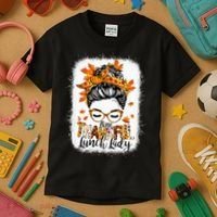 One Thankful Lunch Lady Messy Bun Thanksgiving Lunch Lady Kids T-Shirt thumb 3