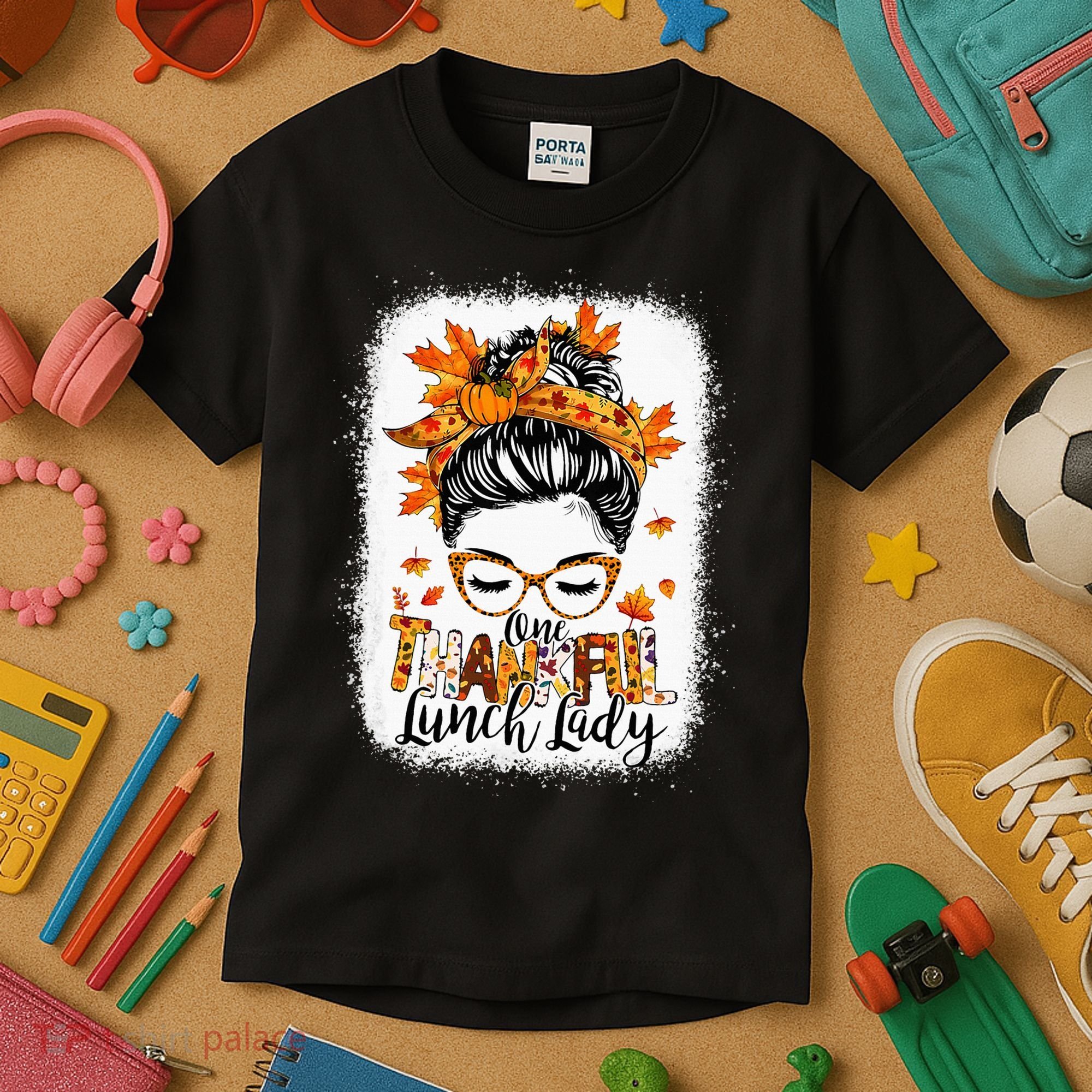One Thankful Lunch Lady Messy Bun Thanksgiving Lunch Lady Kids T-Shirt