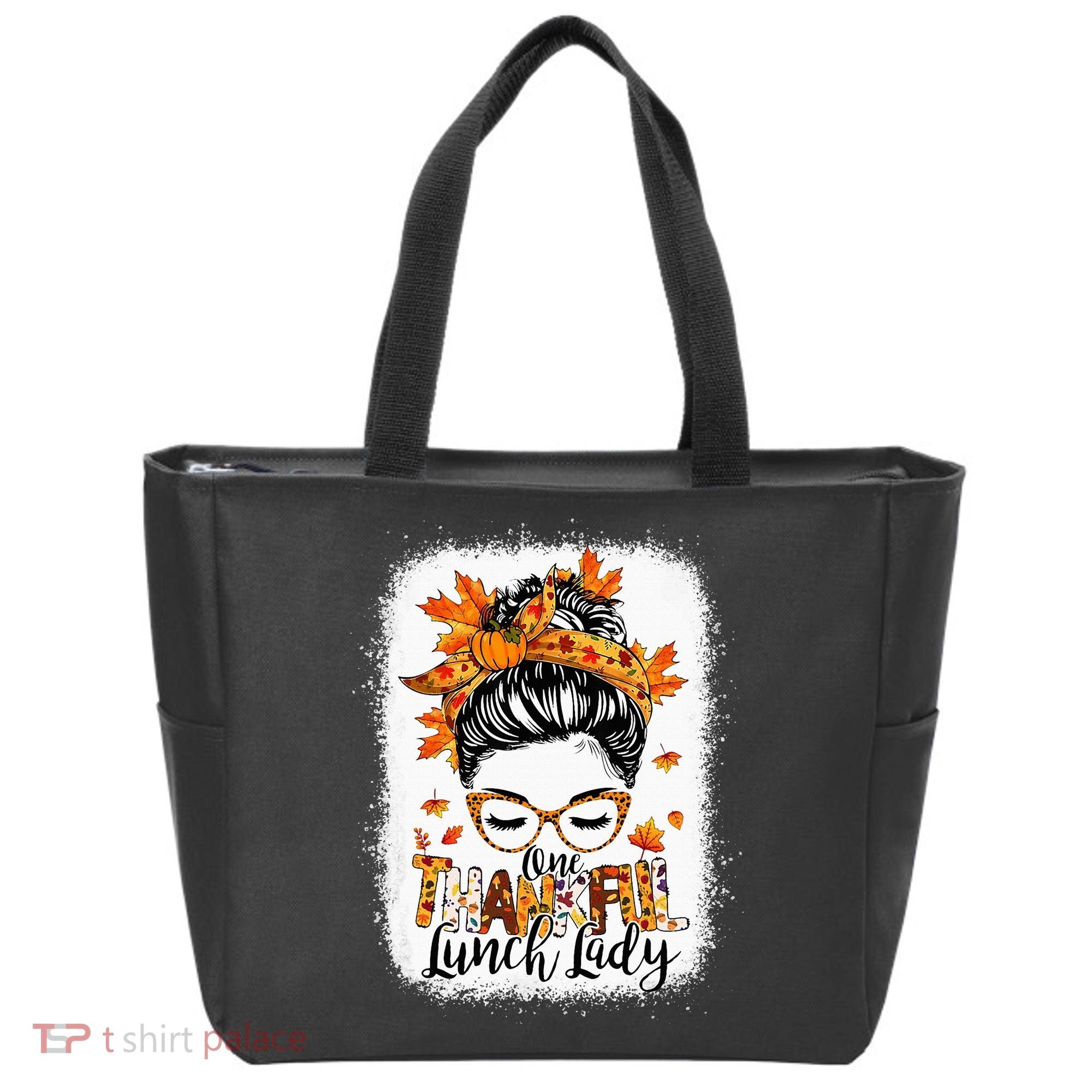 One Thankful Lunch Lady Messy Bun Thanksgiving Lunch Lady Tote Bag