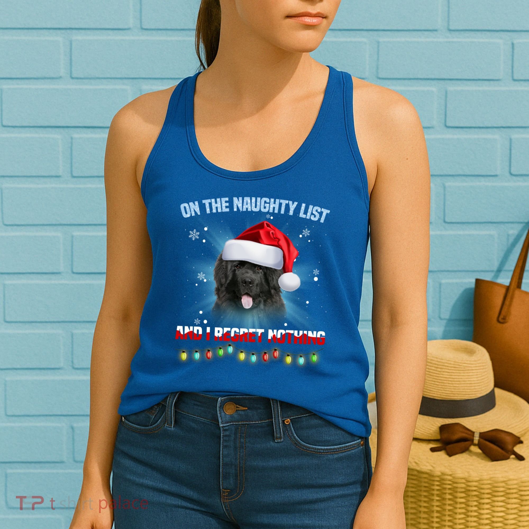On The Naughty List And Newfoundland Dog Santa Hat Christmas Gift Women's Tank Top